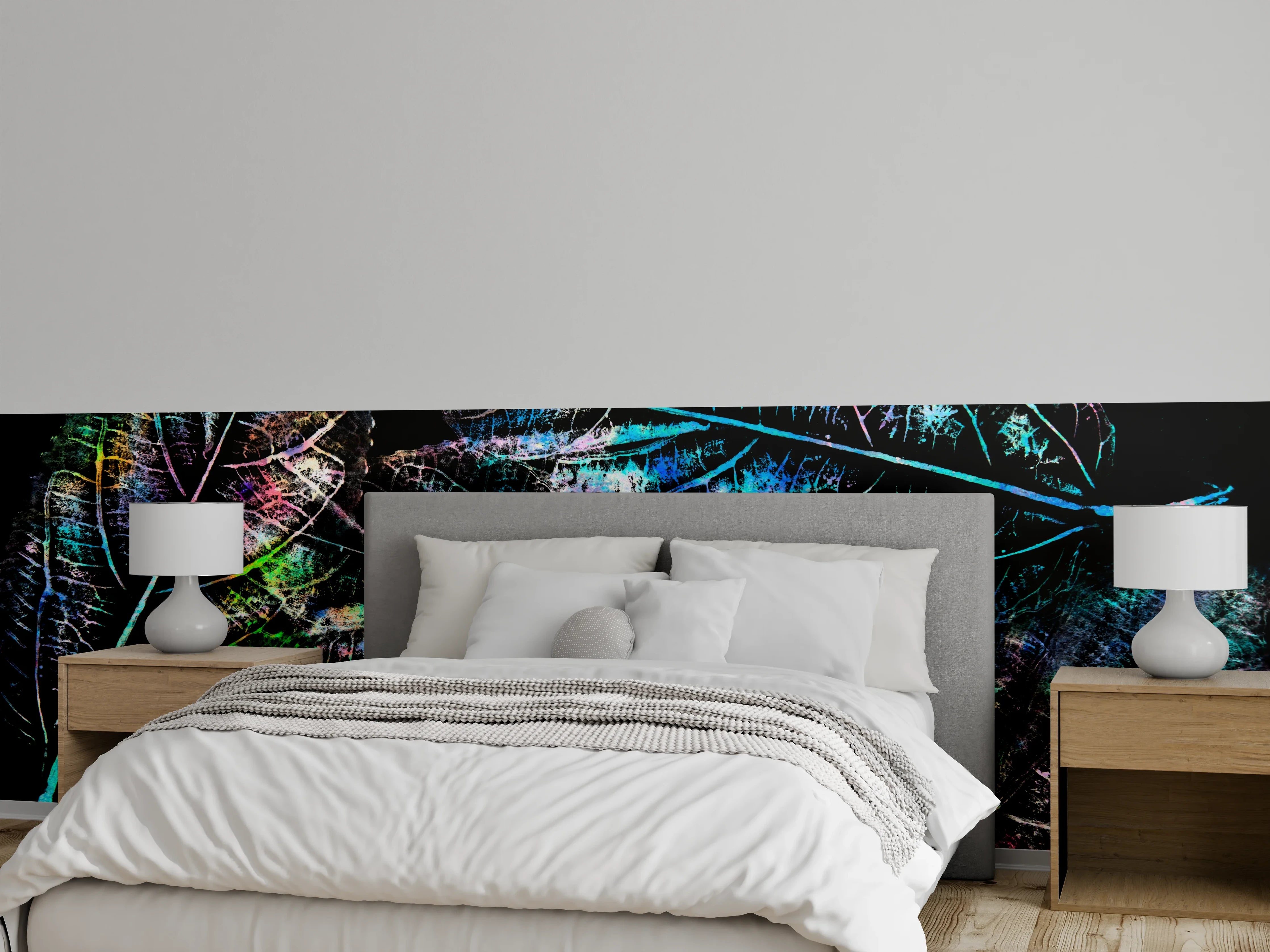 Wandverkleidung Schlafzimmer - Bunte Blätter auf Schwarz – Wanddeko