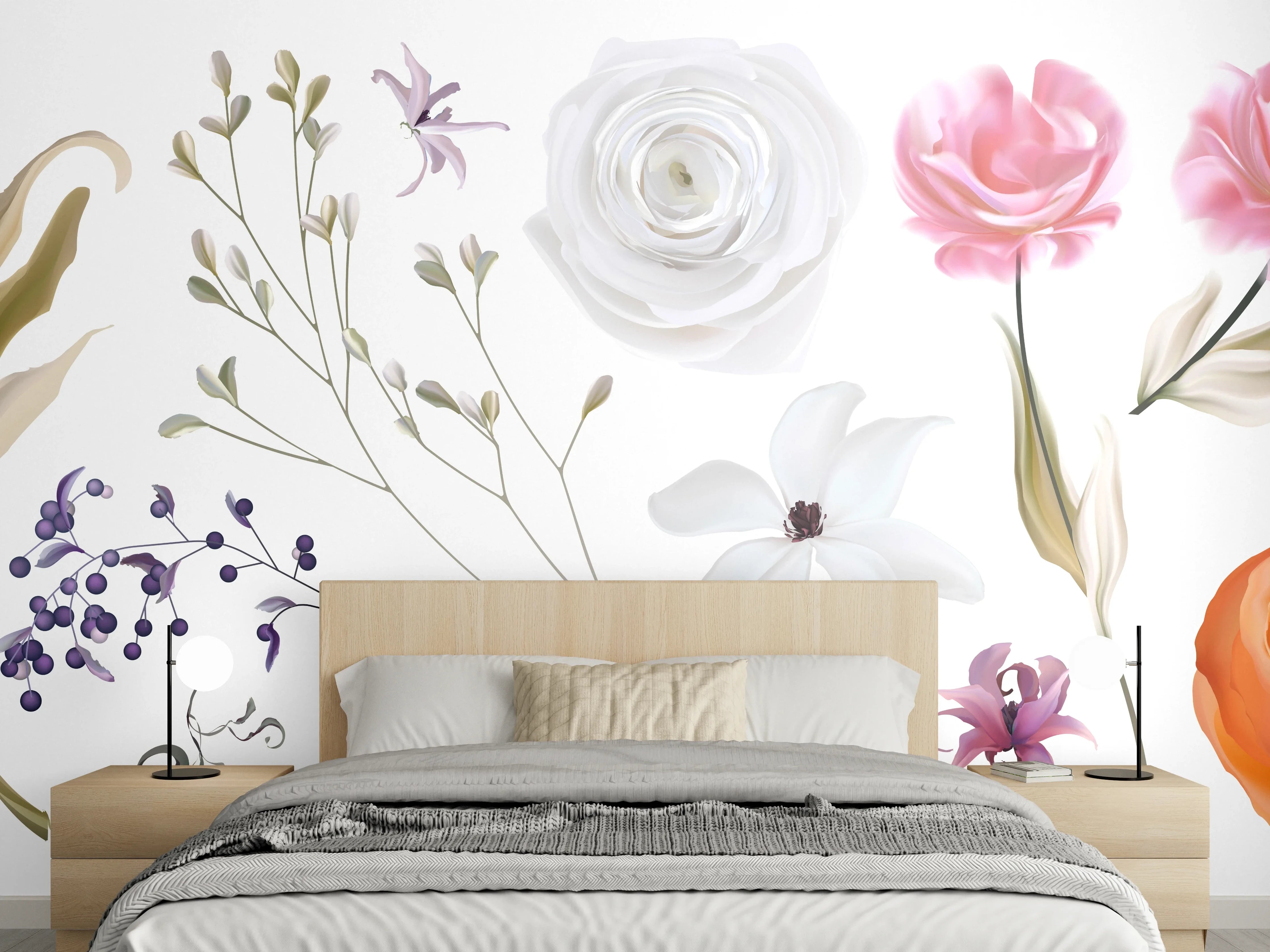 Wandverkleidung Schlafzimmer - Bunte Blumenillustrationen Set