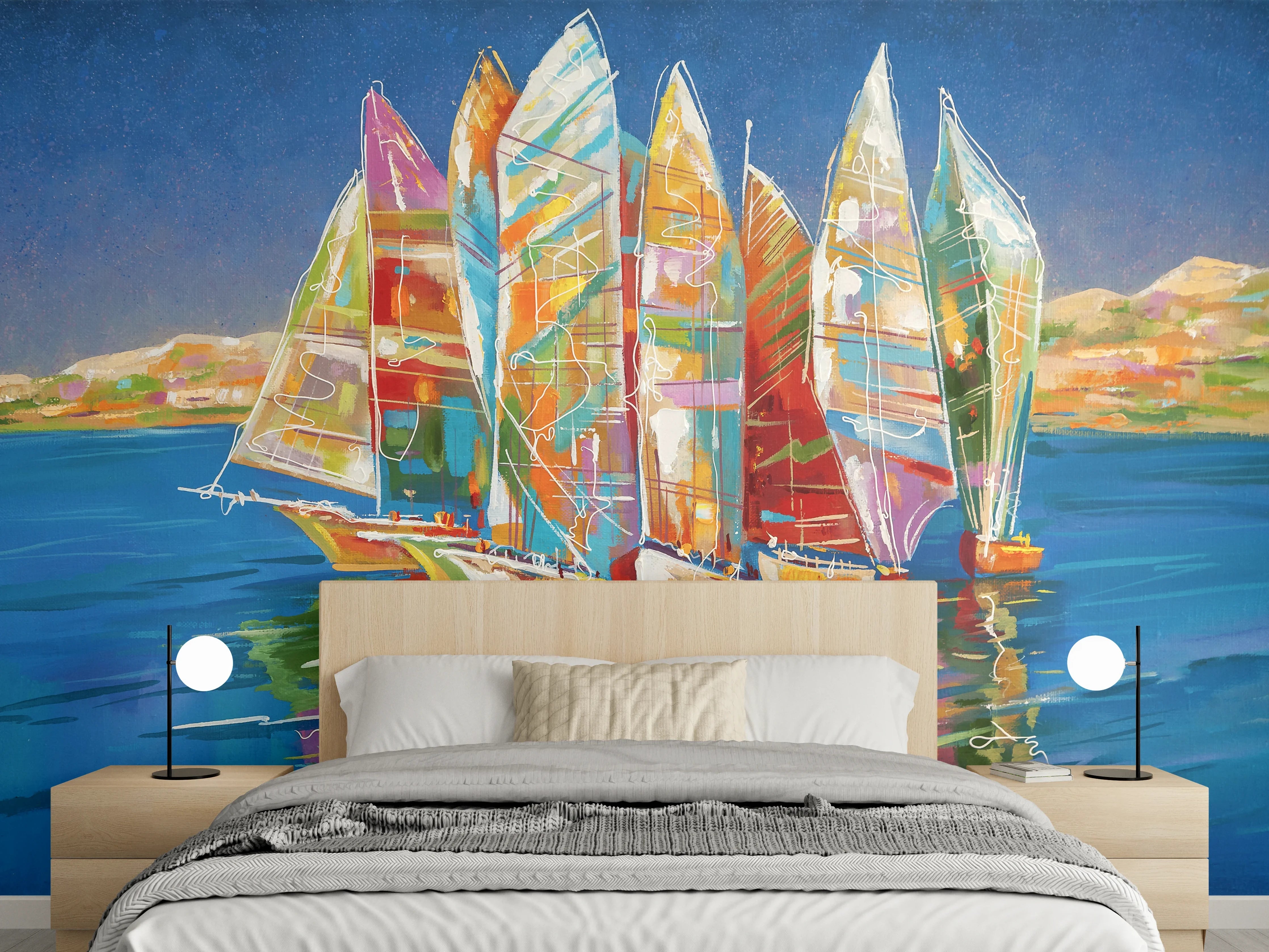 Wandverkleidung Schlafzimmer - Bunte Boote auf dem Meer - Ölgemälde