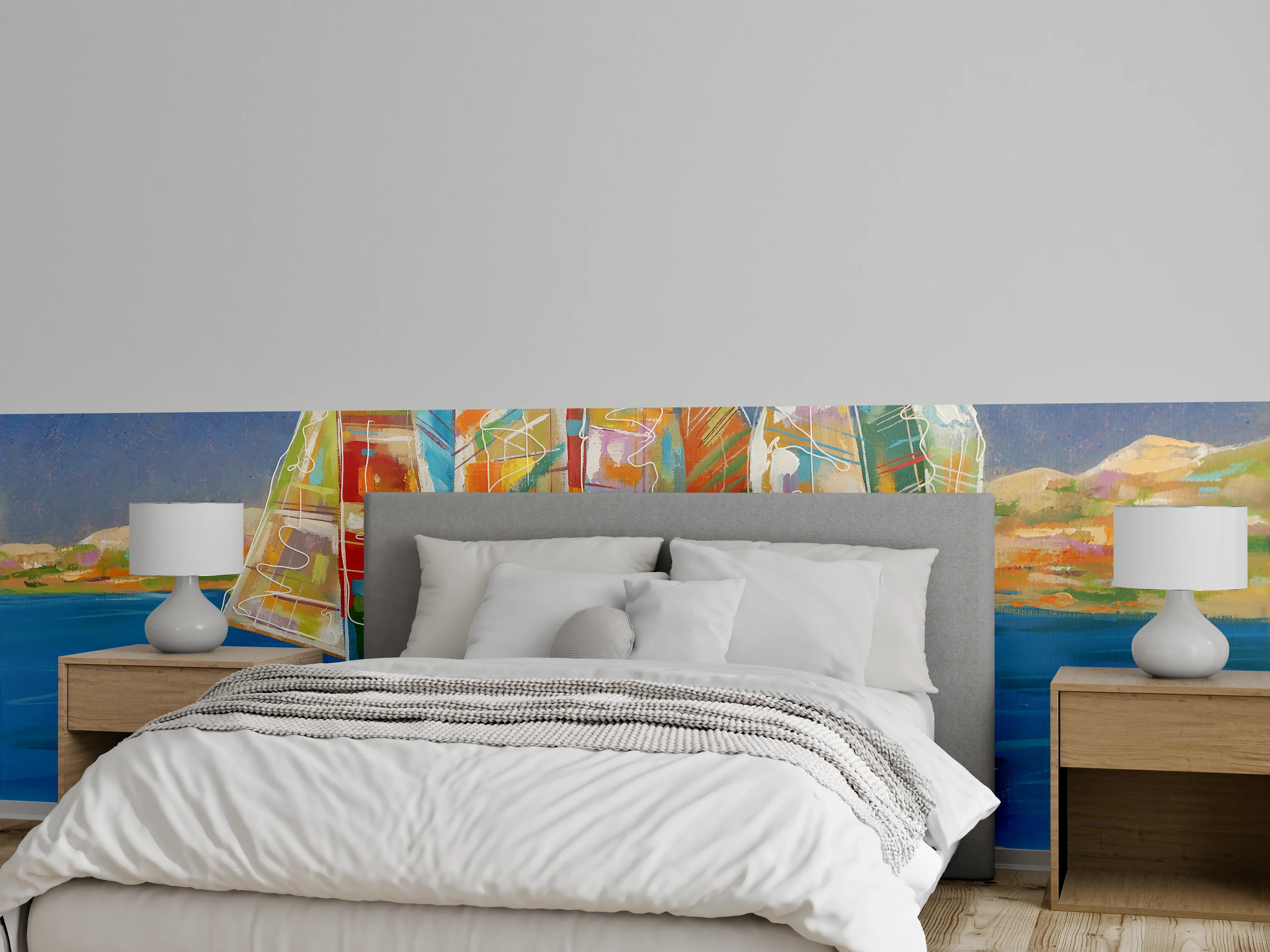 Wandverkleidung Schlafzimmer - Bunte Boote auf dem Meer - Ölgemälde