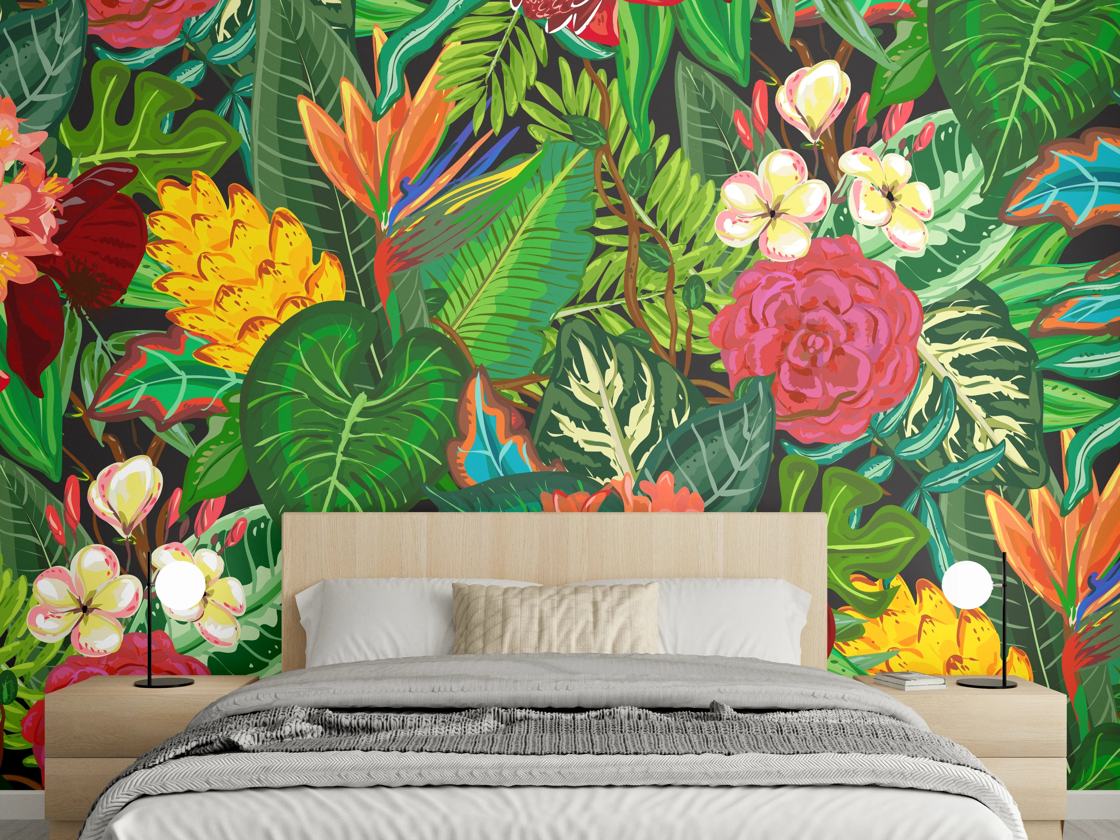 Wandverkleidung Schlafzimmer - Bunte Dschungel-Muster-Tapete