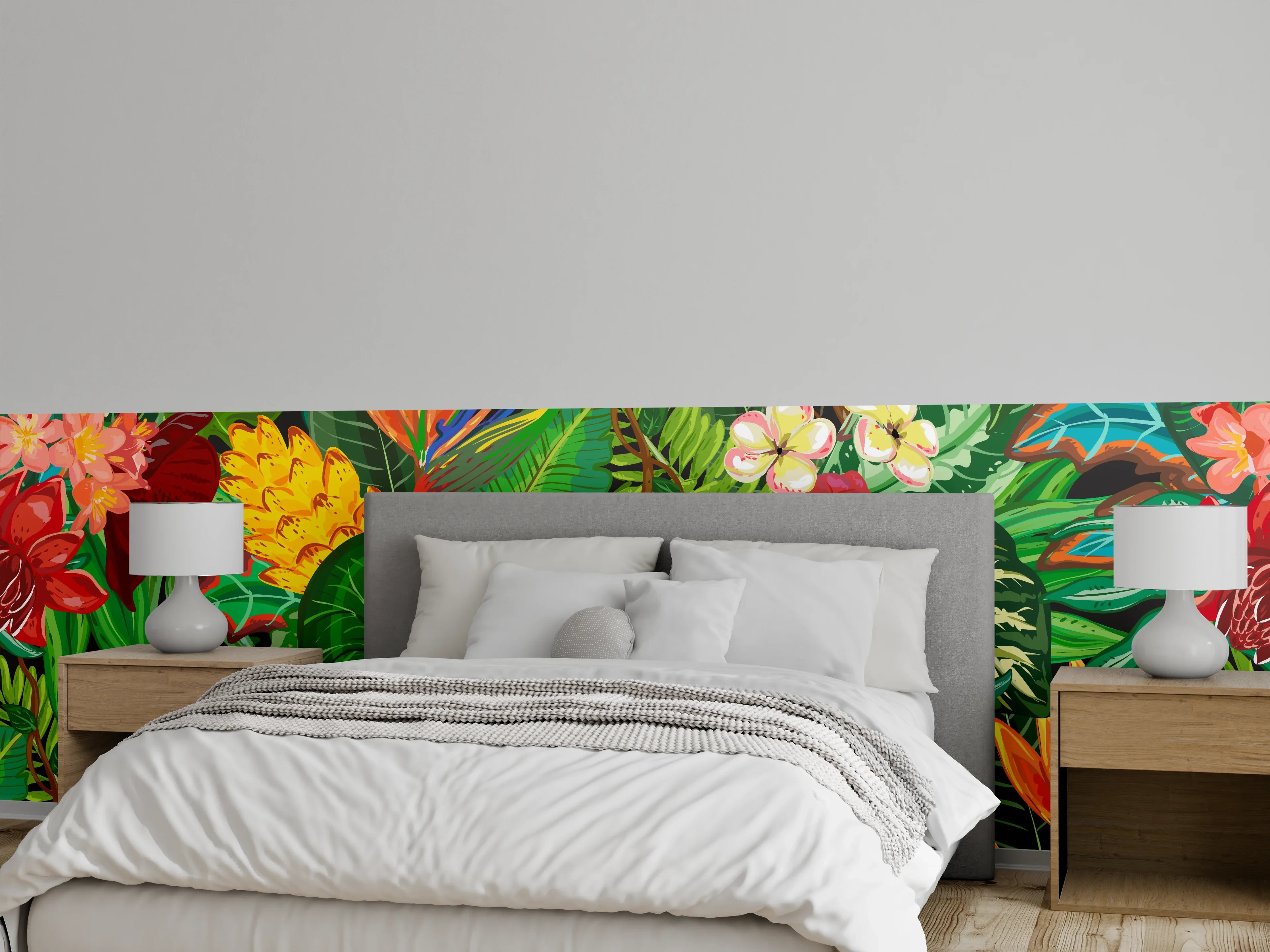 Wandverkleidung Schlafzimmer - Bunte Dschungel-Muster-Tapete