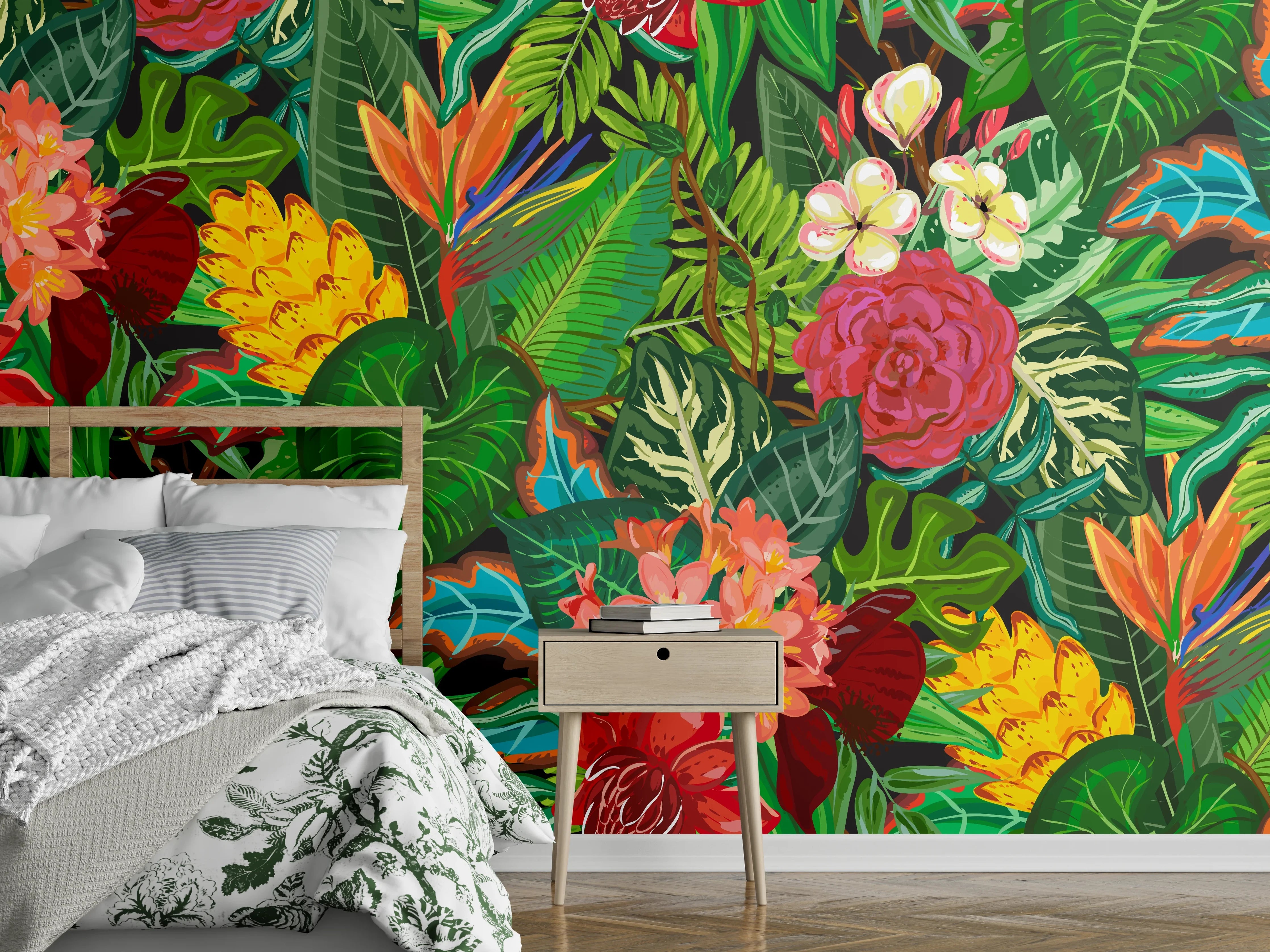 Wandverkleidung Schlafzimmer - Bunte Dschungel-Muster-Tapete