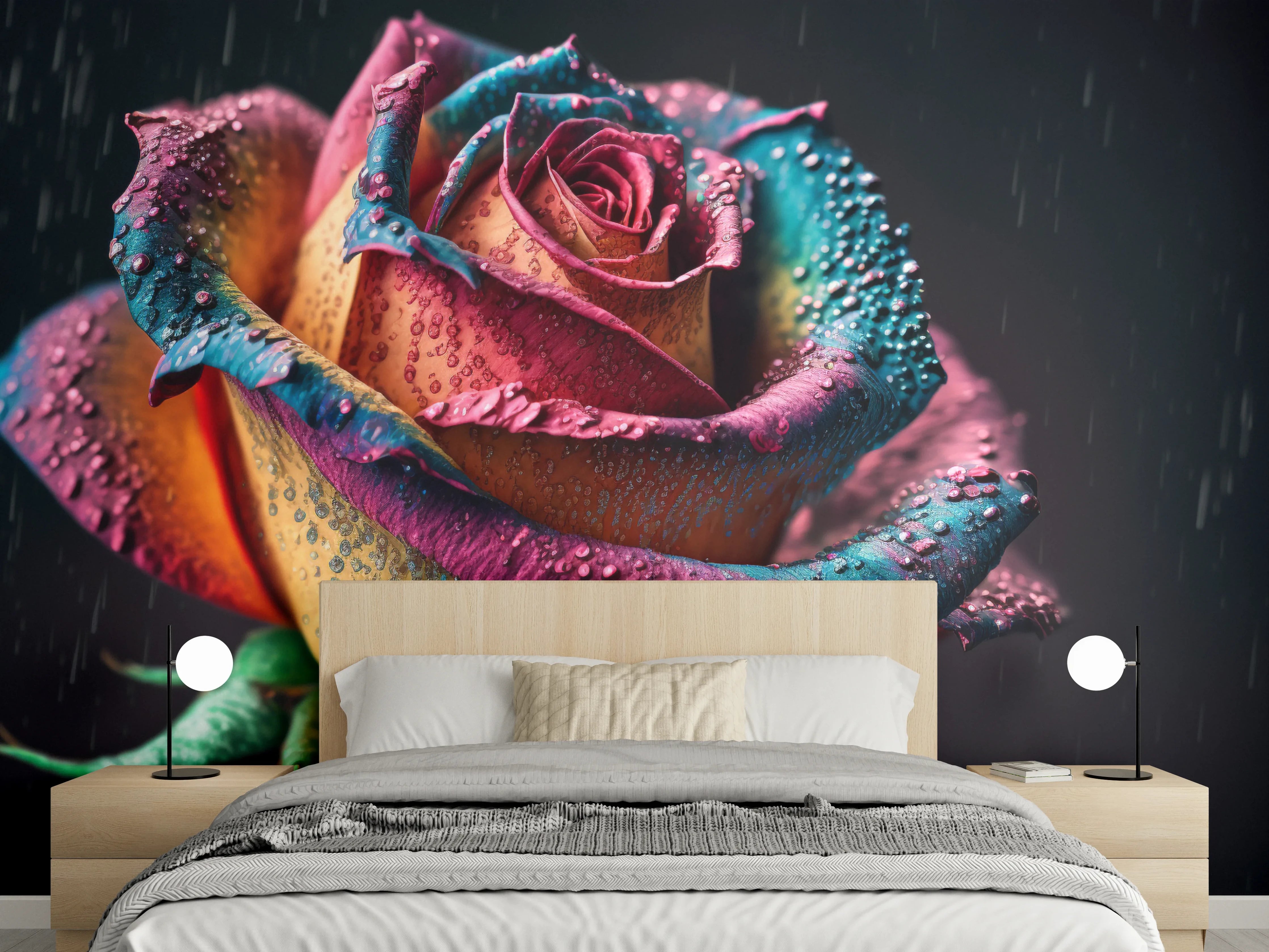 Wandverkleidung Schlafzimmer - Bunte Fantasie-Rose mit Regentropfen