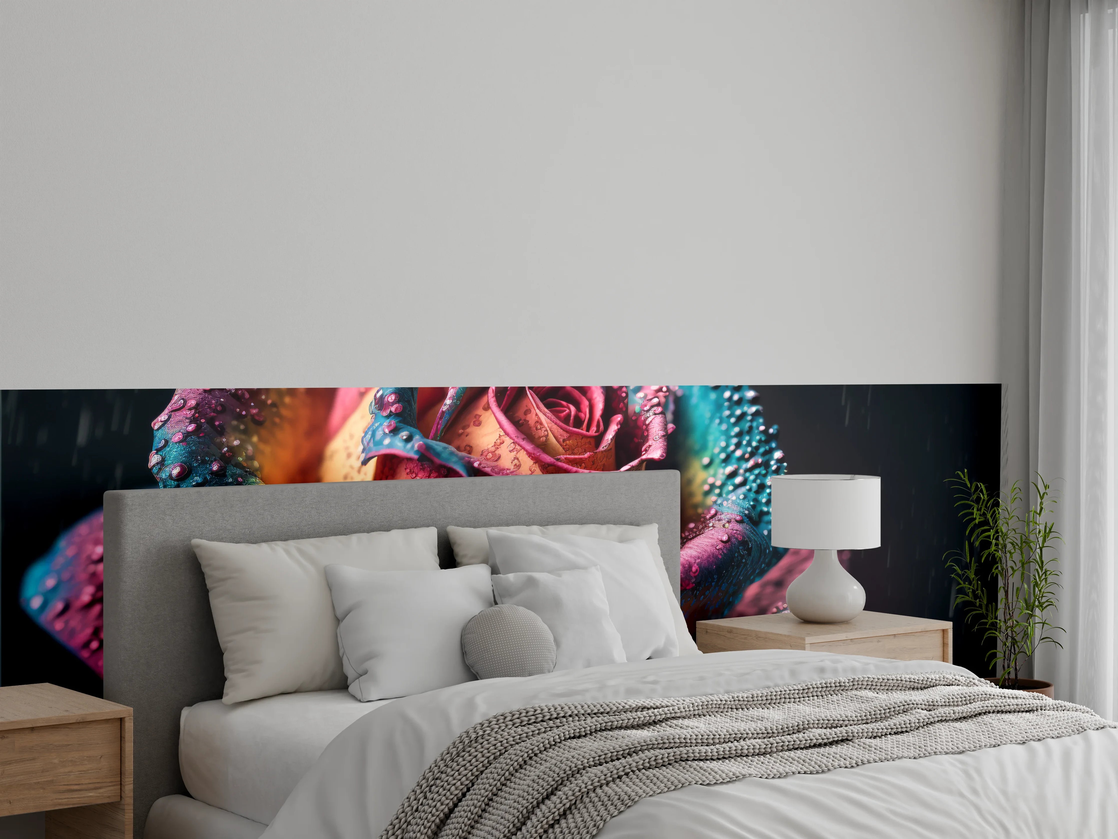 Wandverkleidung Schlafzimmer - Bunte Fantasie-Rose mit Regentropfen