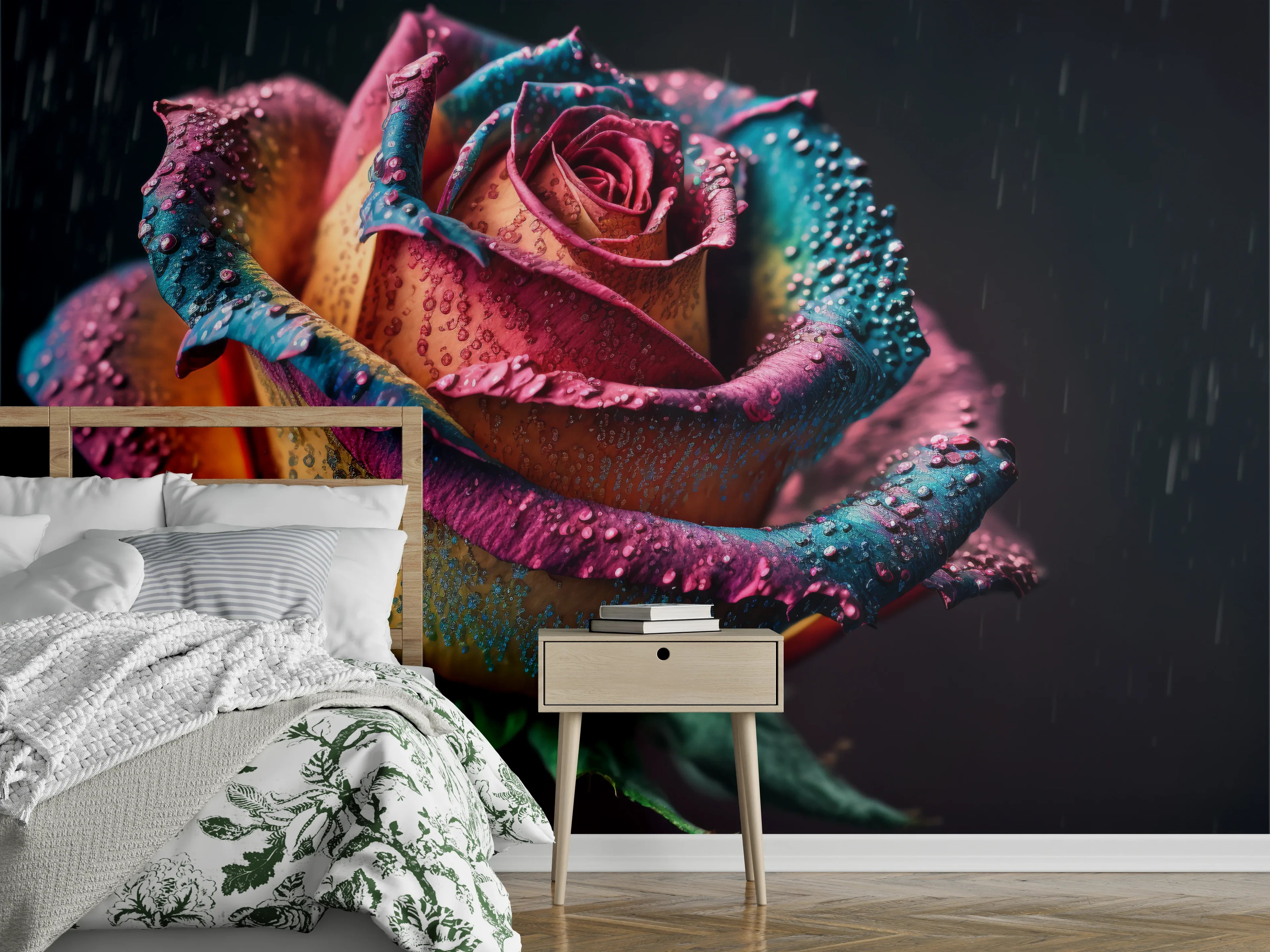 Wandverkleidung Schlafzimmer - Bunte Fantasie-Rose mit Regentropfen