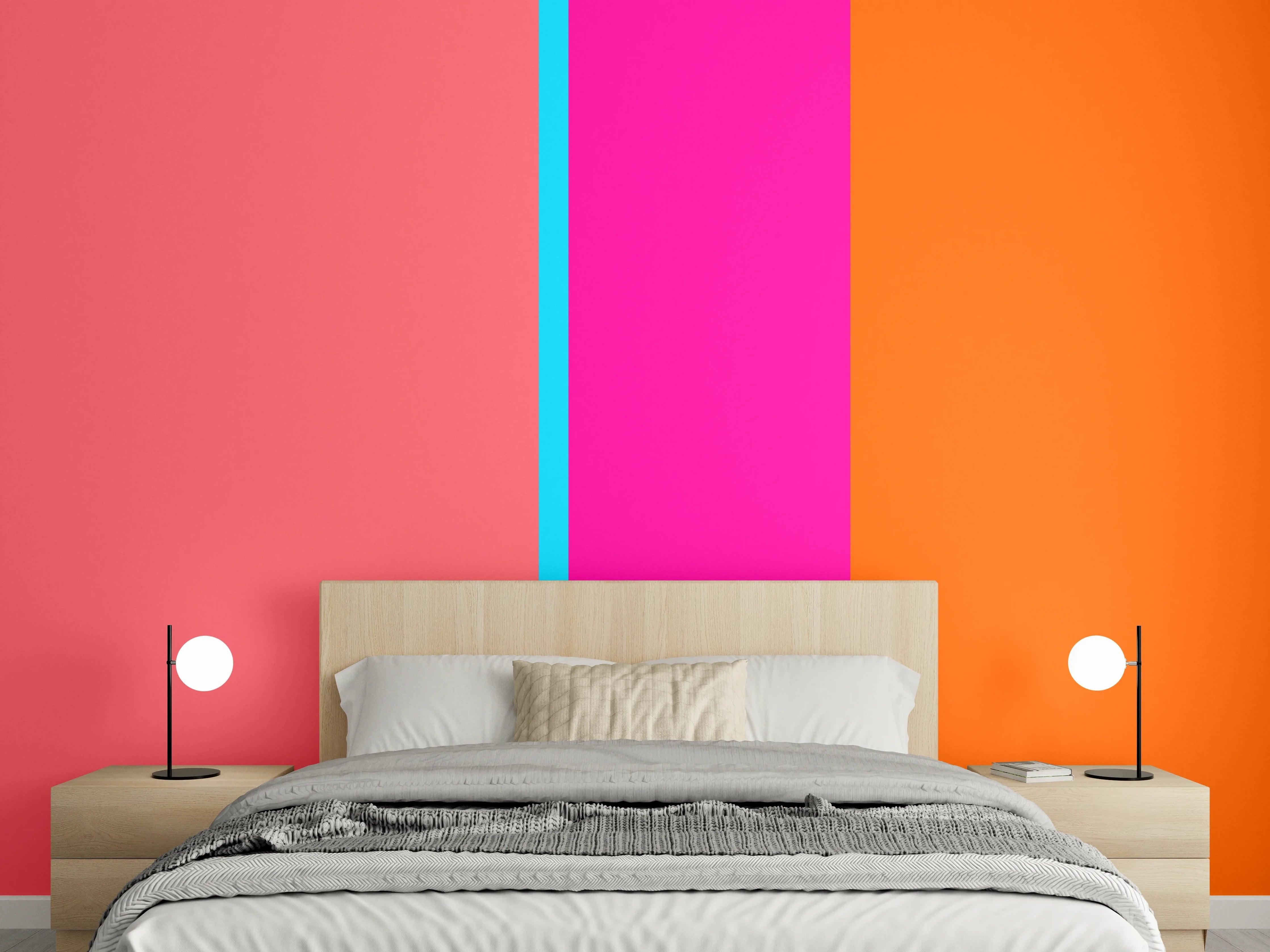 Wandverkleidung Schlafzimmer - Bunte Farbexplosion in Pink, Blau und Orange