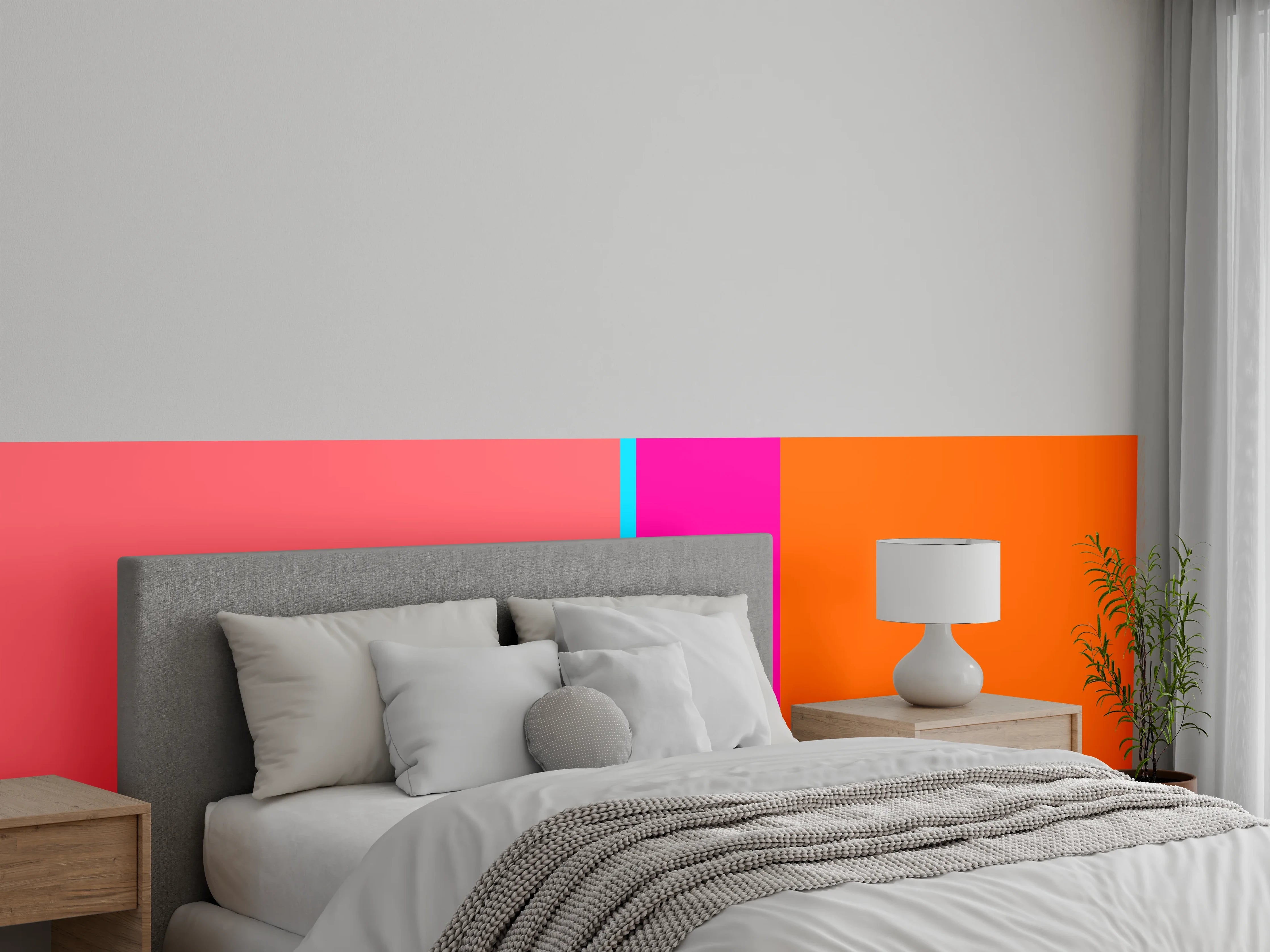 Wandverkleidung Schlafzimmer - Bunte Farbexplosion in Pink, Blau und Orange