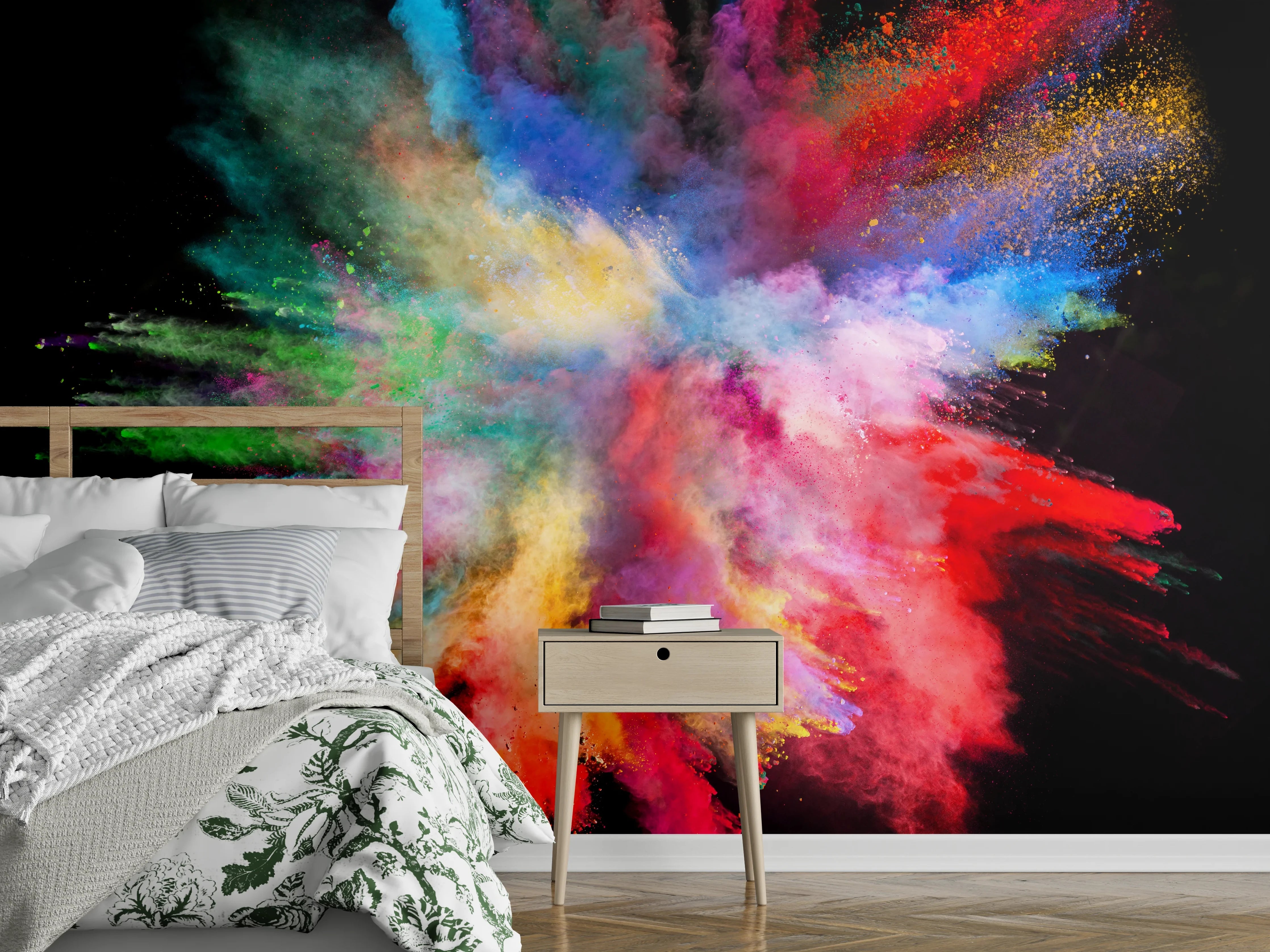 Wandverkleidung Schlafzimmer - Bunte Farbpulver Explosion Wandkunst