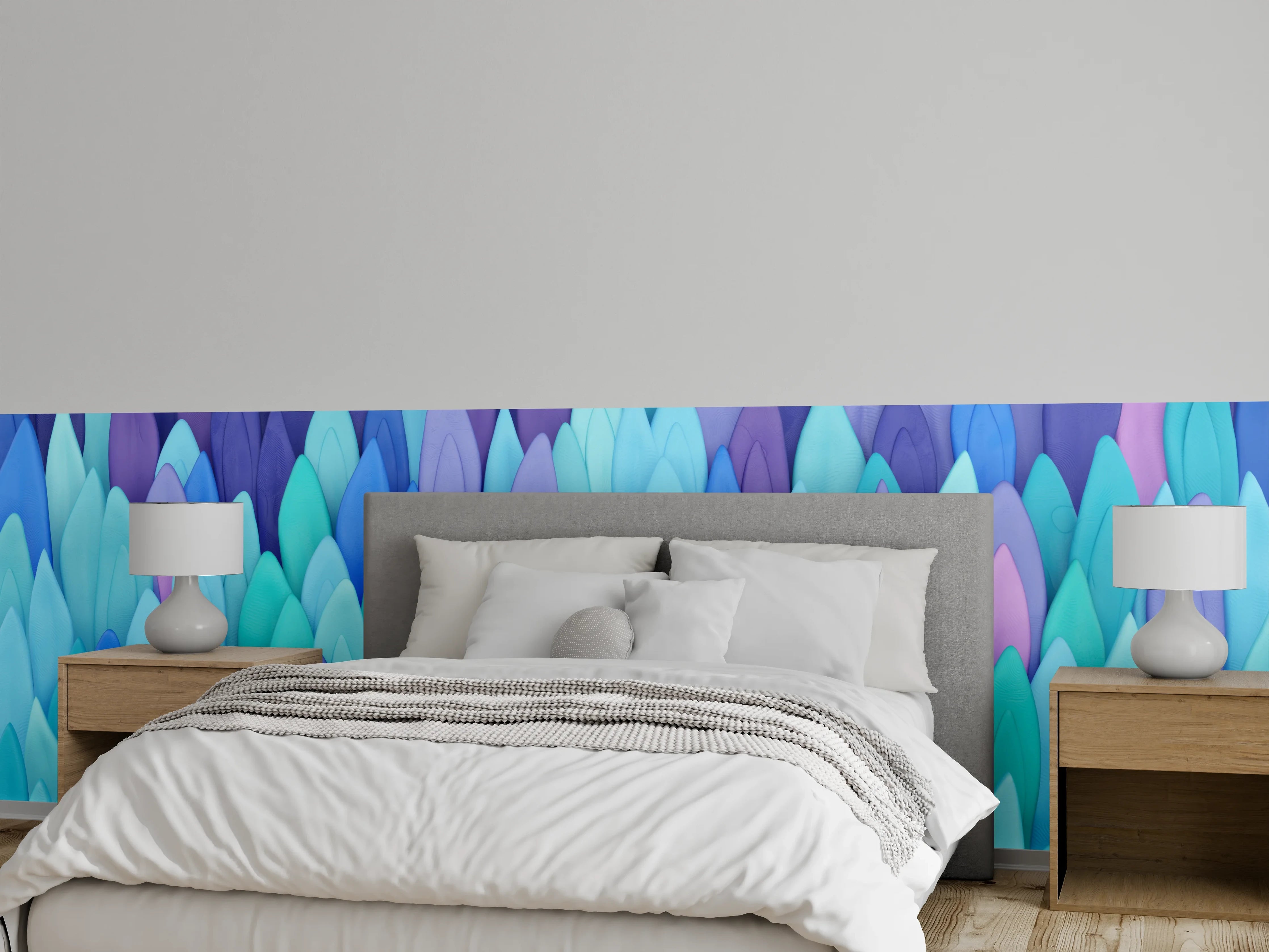 Wandverkleidung Schlafzimmer - Bunte Federn abstraktes Wanddesign