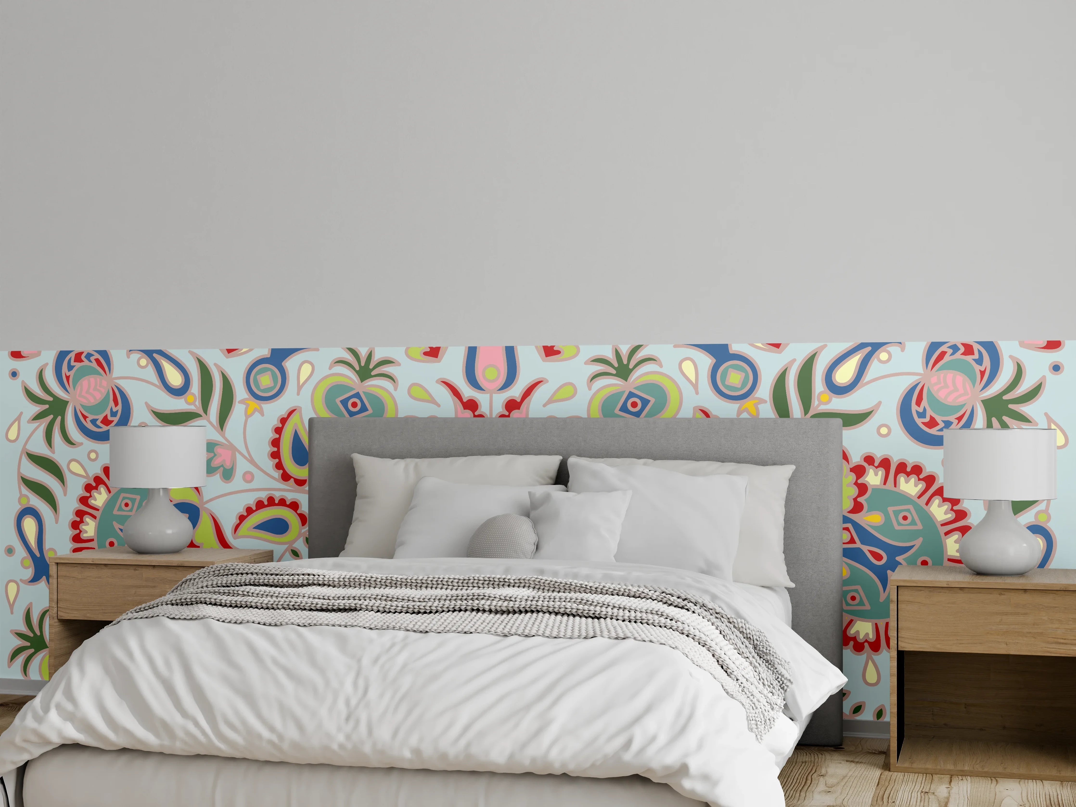 Wandverkleidung Schlafzimmer - Bunte Folklore-Muster Textilprint