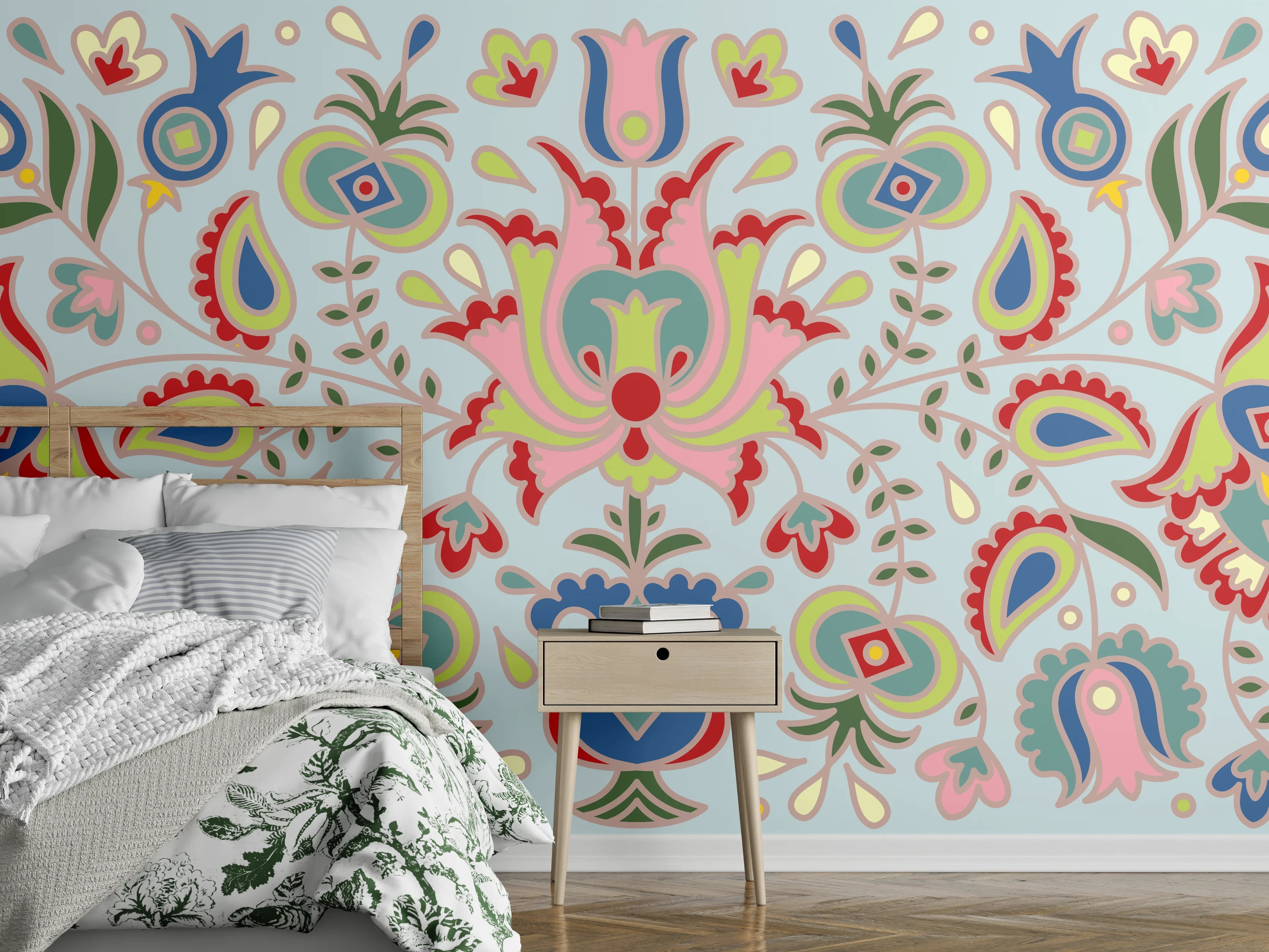 Wandverkleidung Schlafzimmer - Bunte Folklore-Muster Textilprint