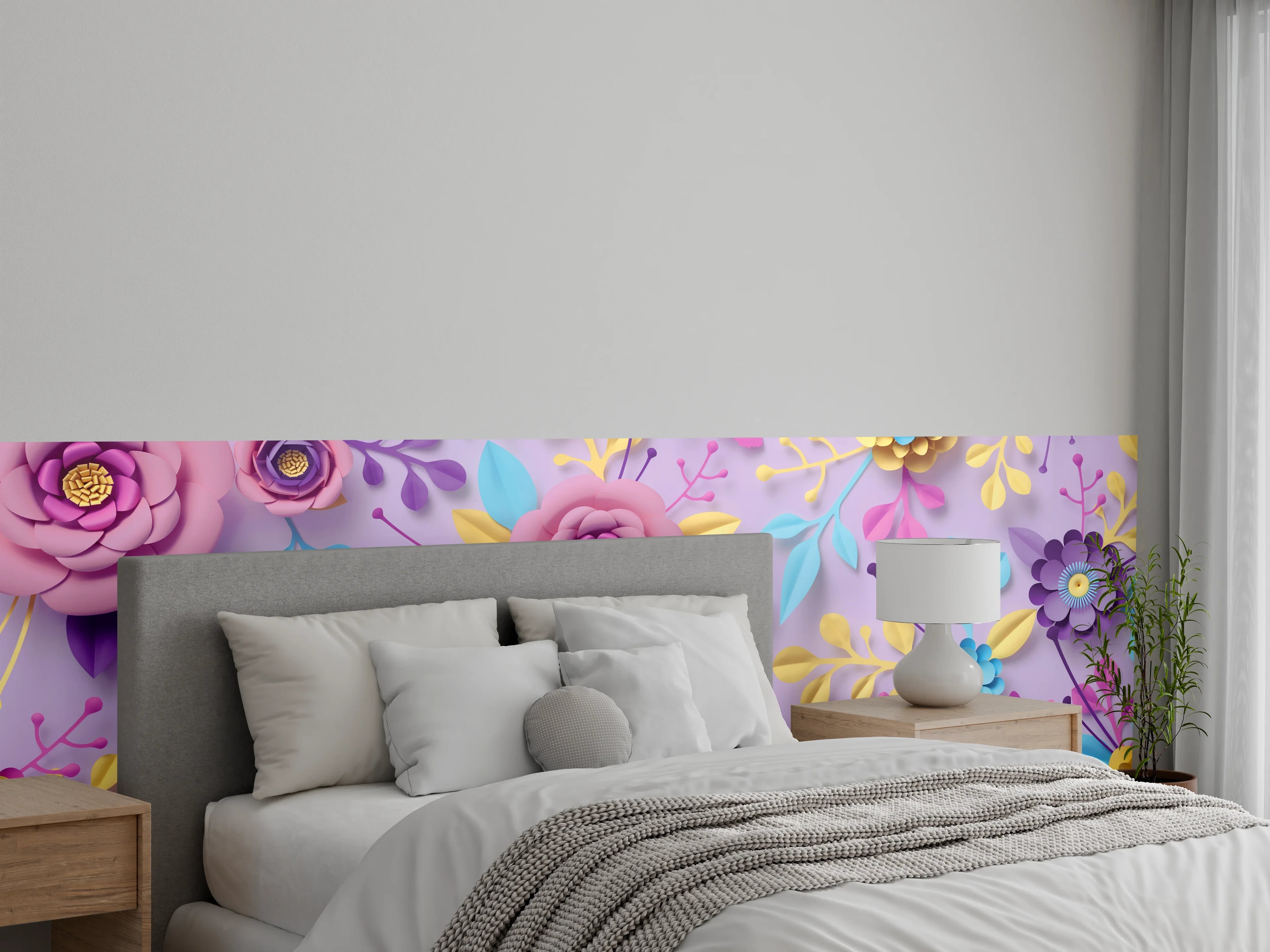 Wandverkleidung Schlafzimmer - Bunte Papierblumen auf lila Hintergrund