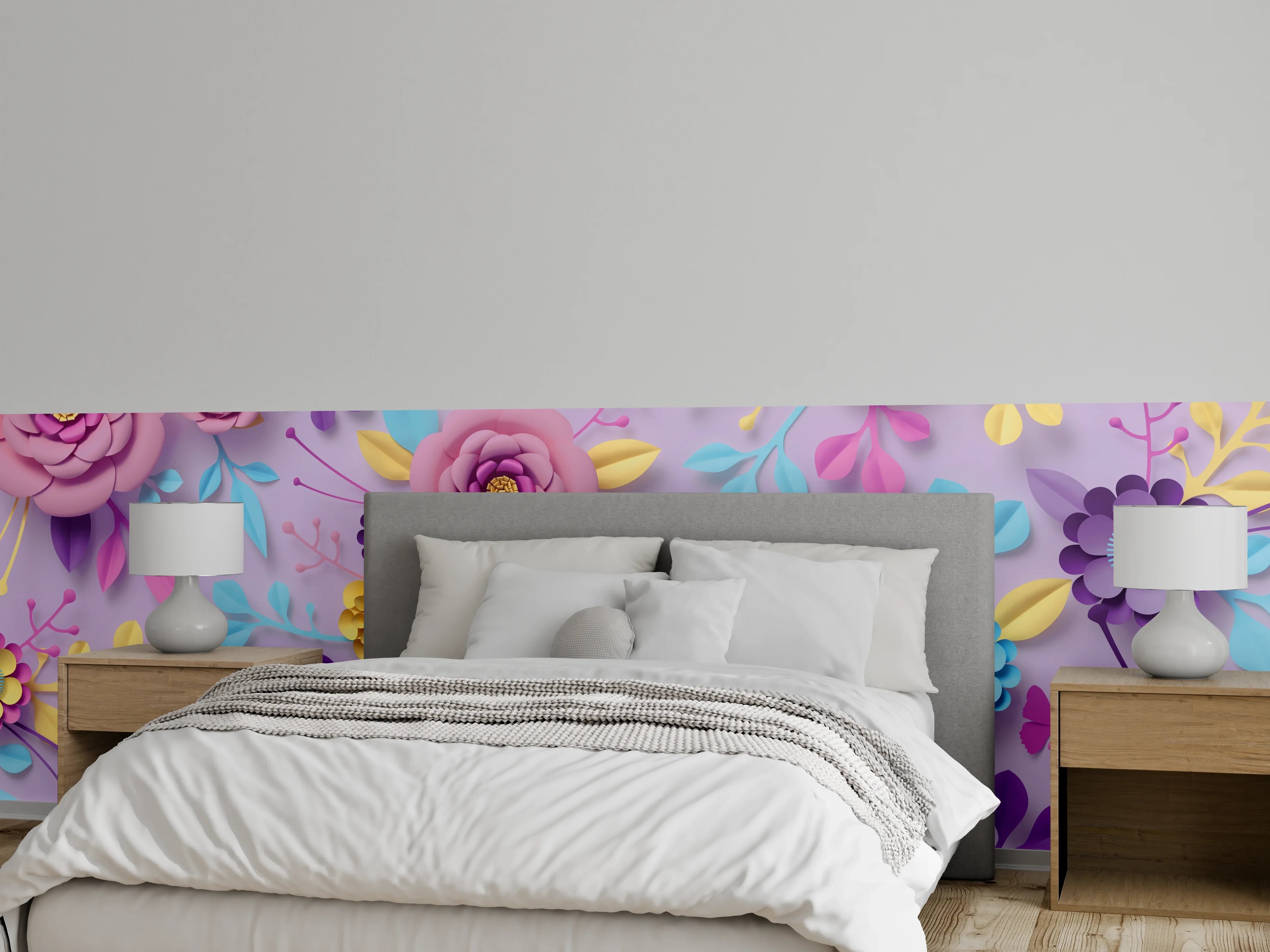 Wandverkleidung Schlafzimmer - Bunte Papierblumen auf lila Hintergrund