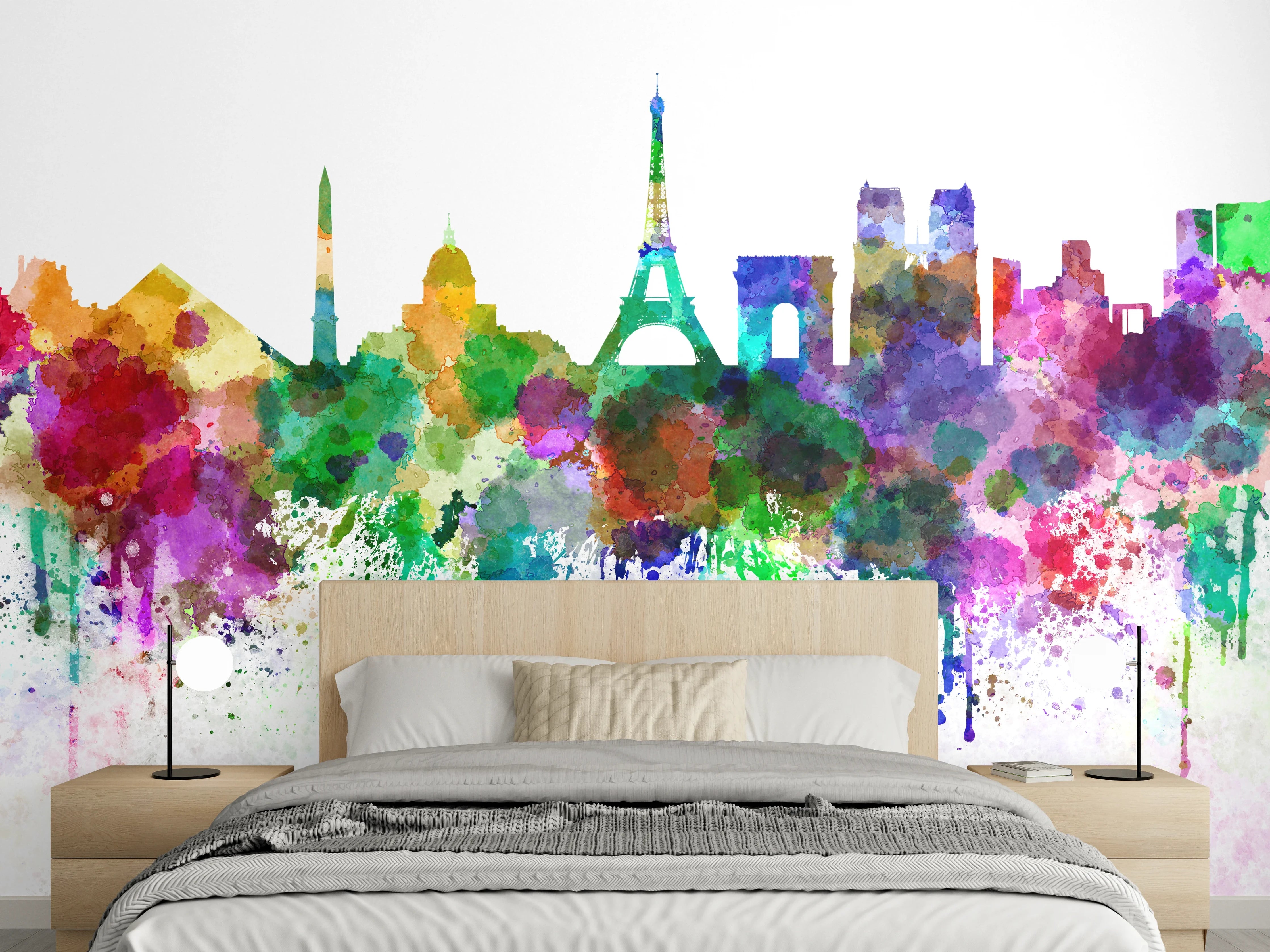 Wandverkleidung Schlafzimmer - Bunte Paris Skyline Aquarell