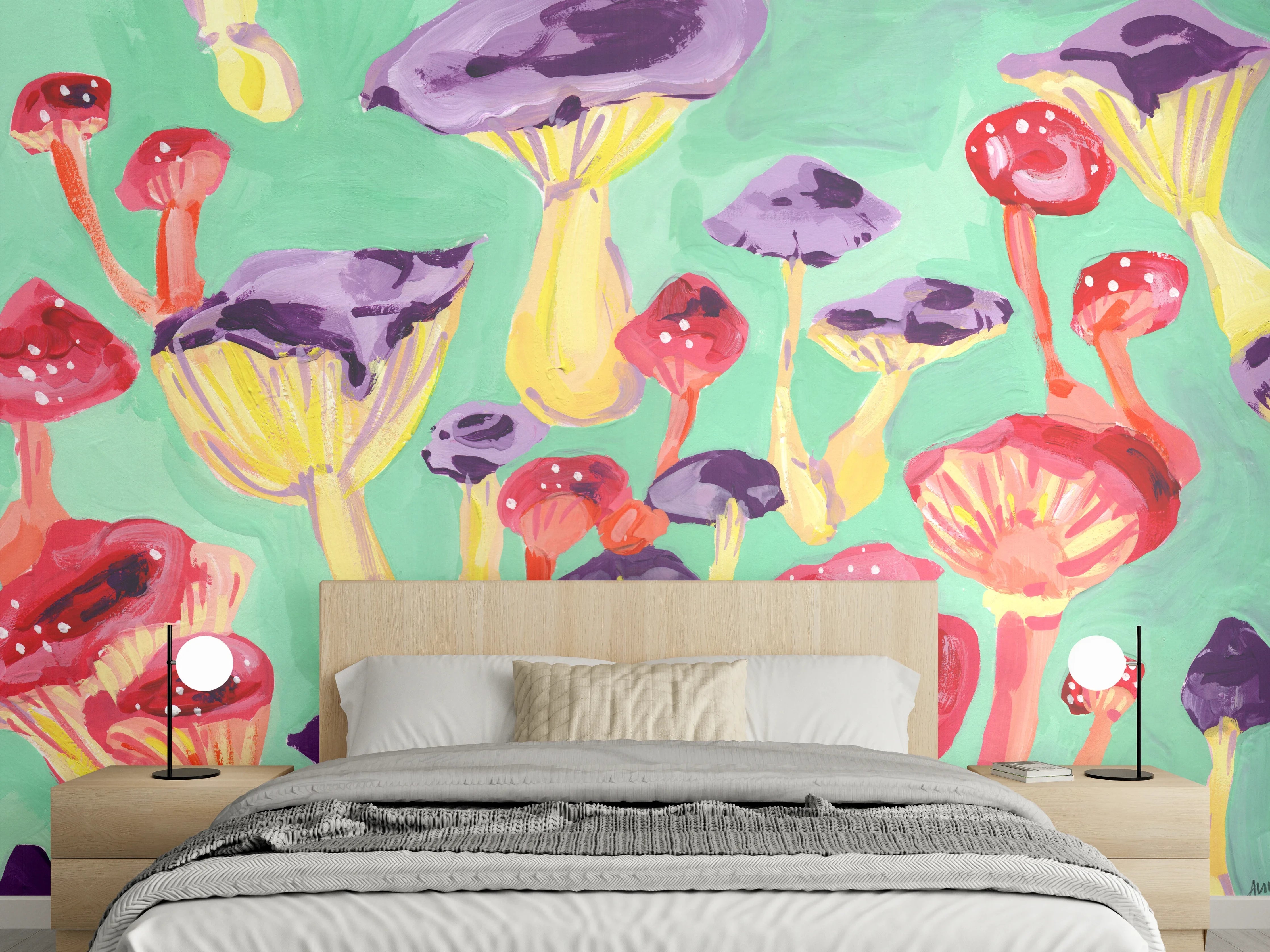 Wandverkleidung Schlafzimmer - Bunte Pilze Aquarell Illustration