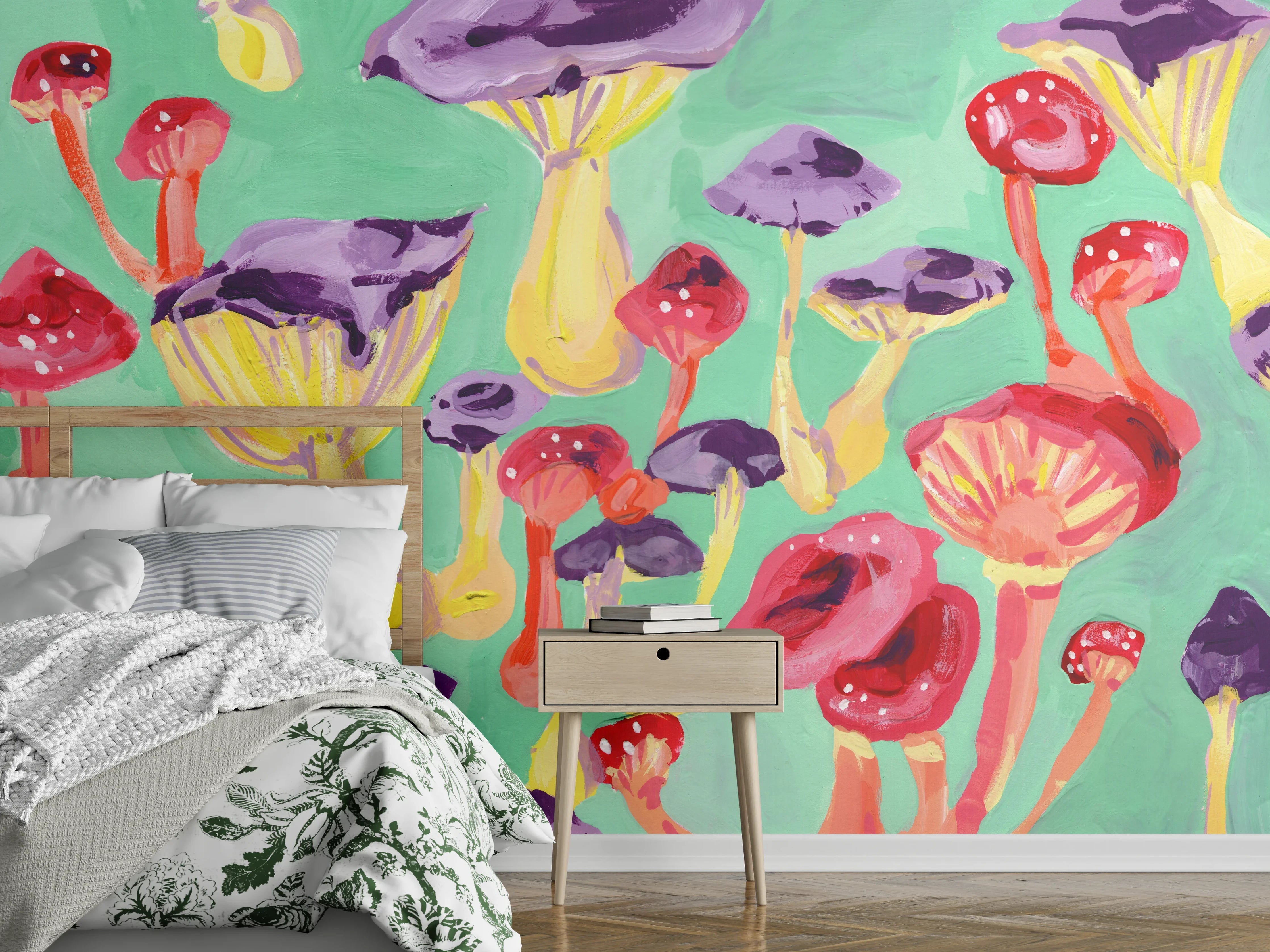 Wandverkleidung Schlafzimmer - Bunte Pilze Aquarell Illustration