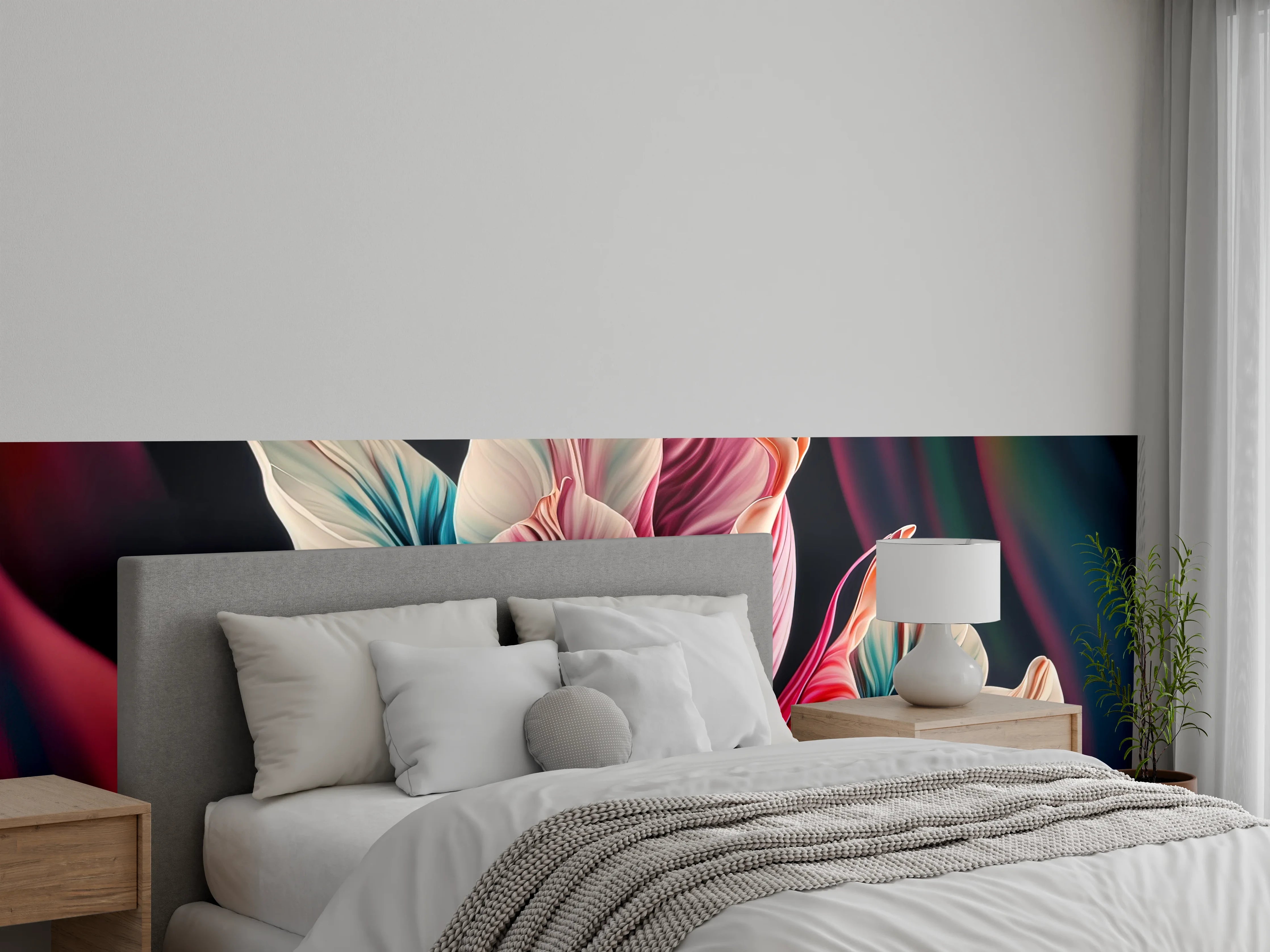 Wandverkleidung Schlafzimmer - Bunte Tulpenmalerei auf dunklem Hintergrund