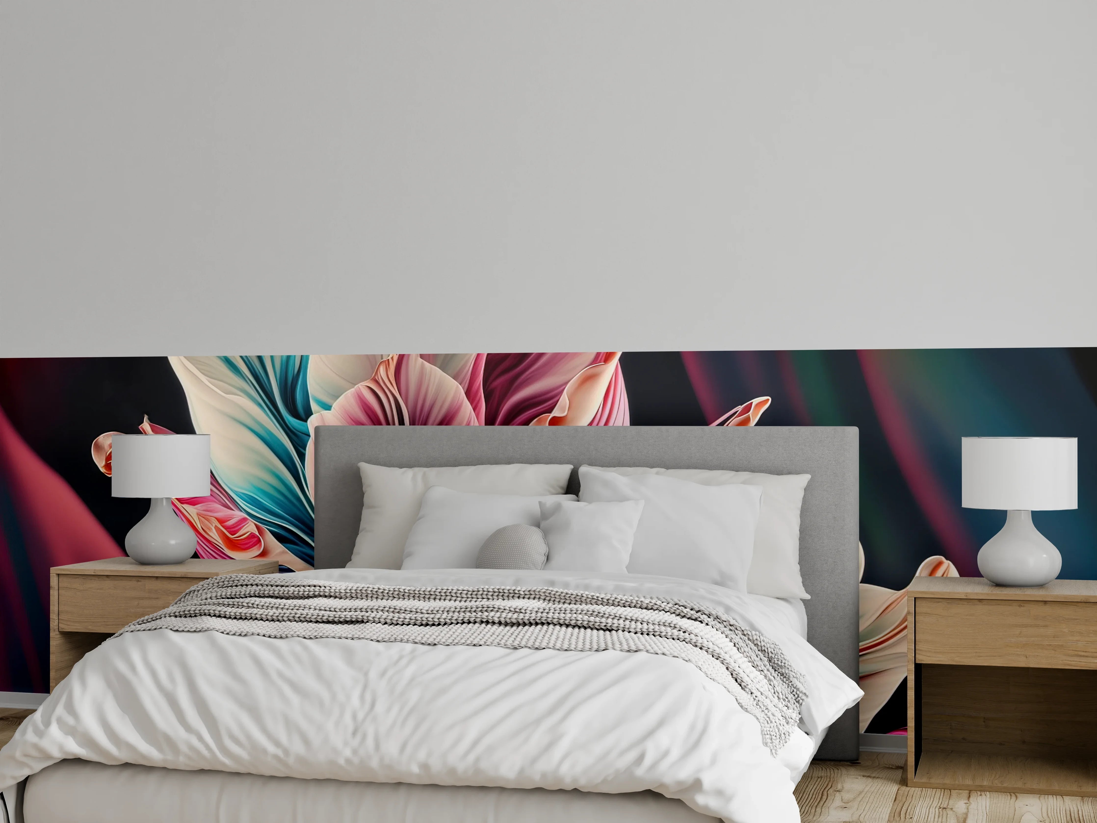 Wandverkleidung Schlafzimmer - Bunte Tulpenmalerei auf dunklem Hintergrund