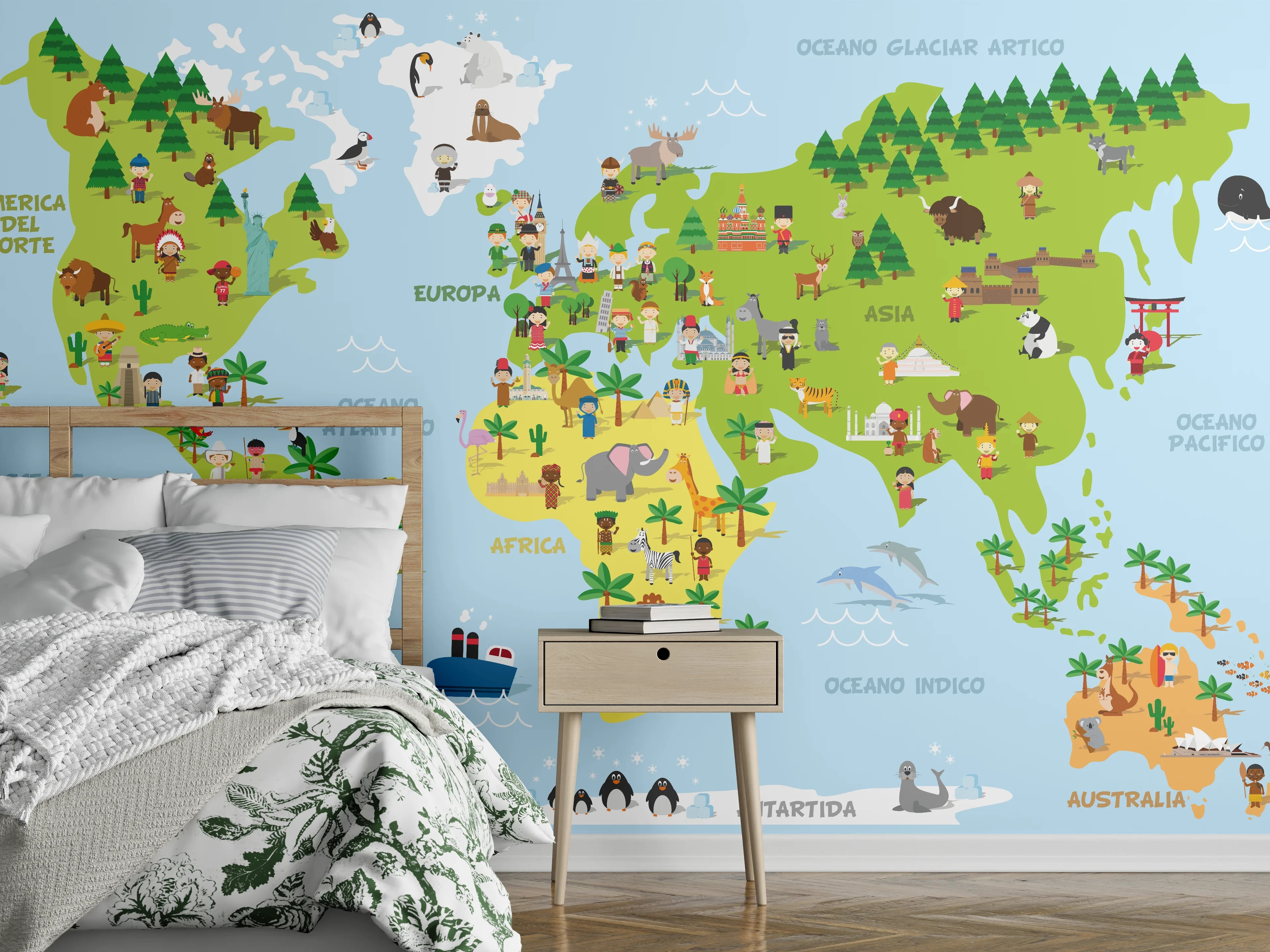 Wandverkleidung Schlafzimmer - Bunte Weltkarte Illustration