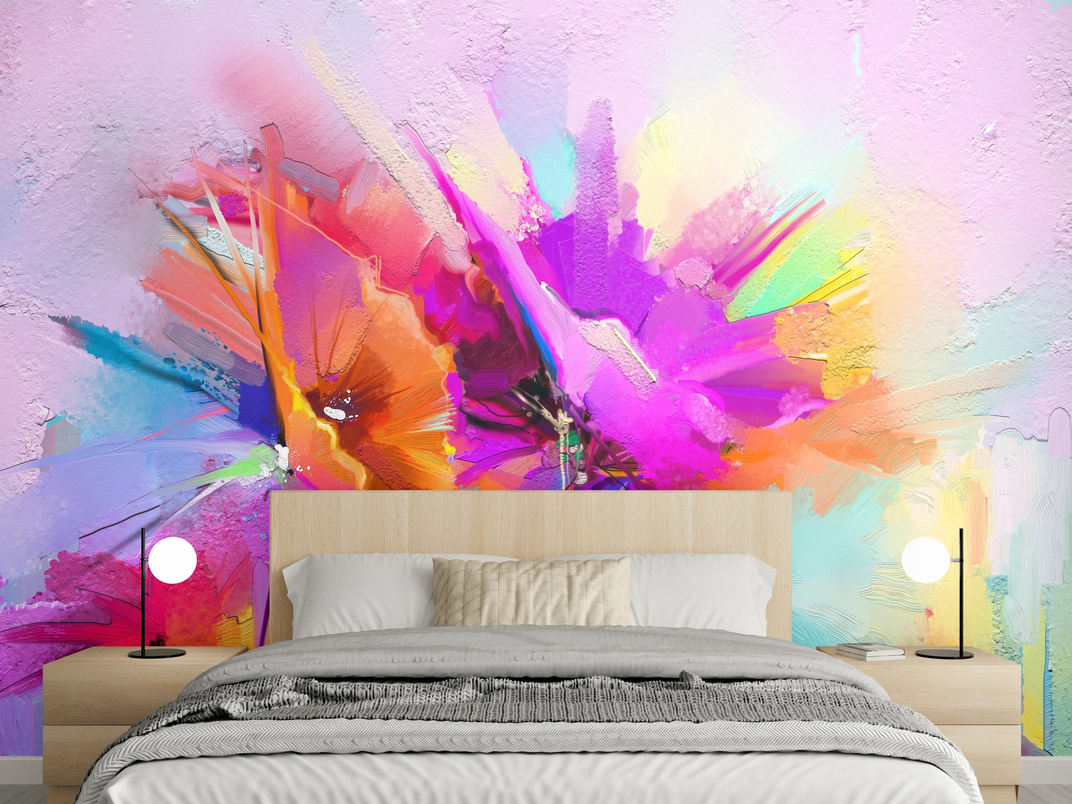 Wandverkleidung Schlafzimmer - Bunte abstrakte Blütenpracht Aquarell