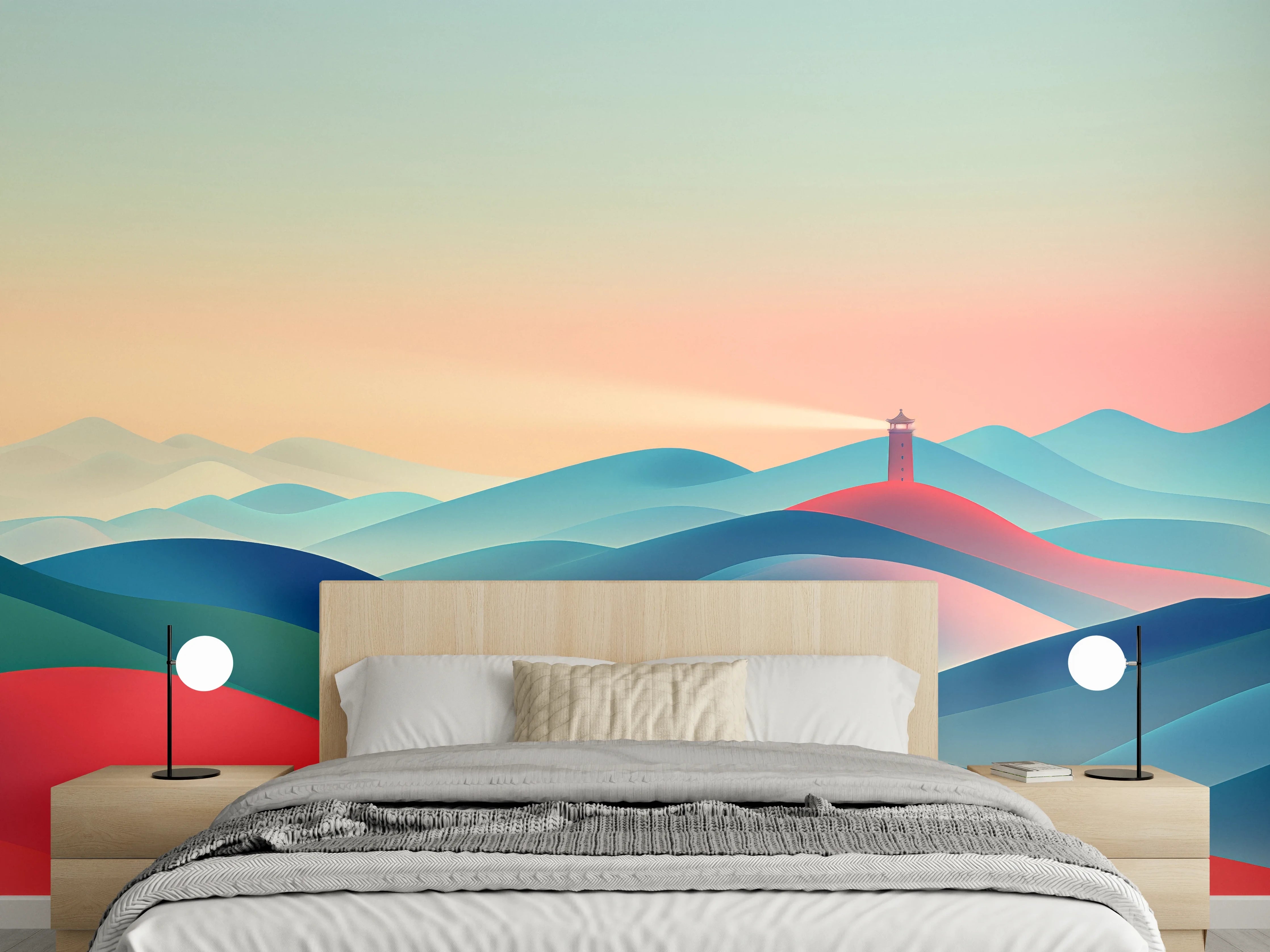 Wandverkleidung Schlafzimmer - Bunte abstrakte Landschaft mit Leuchtturm