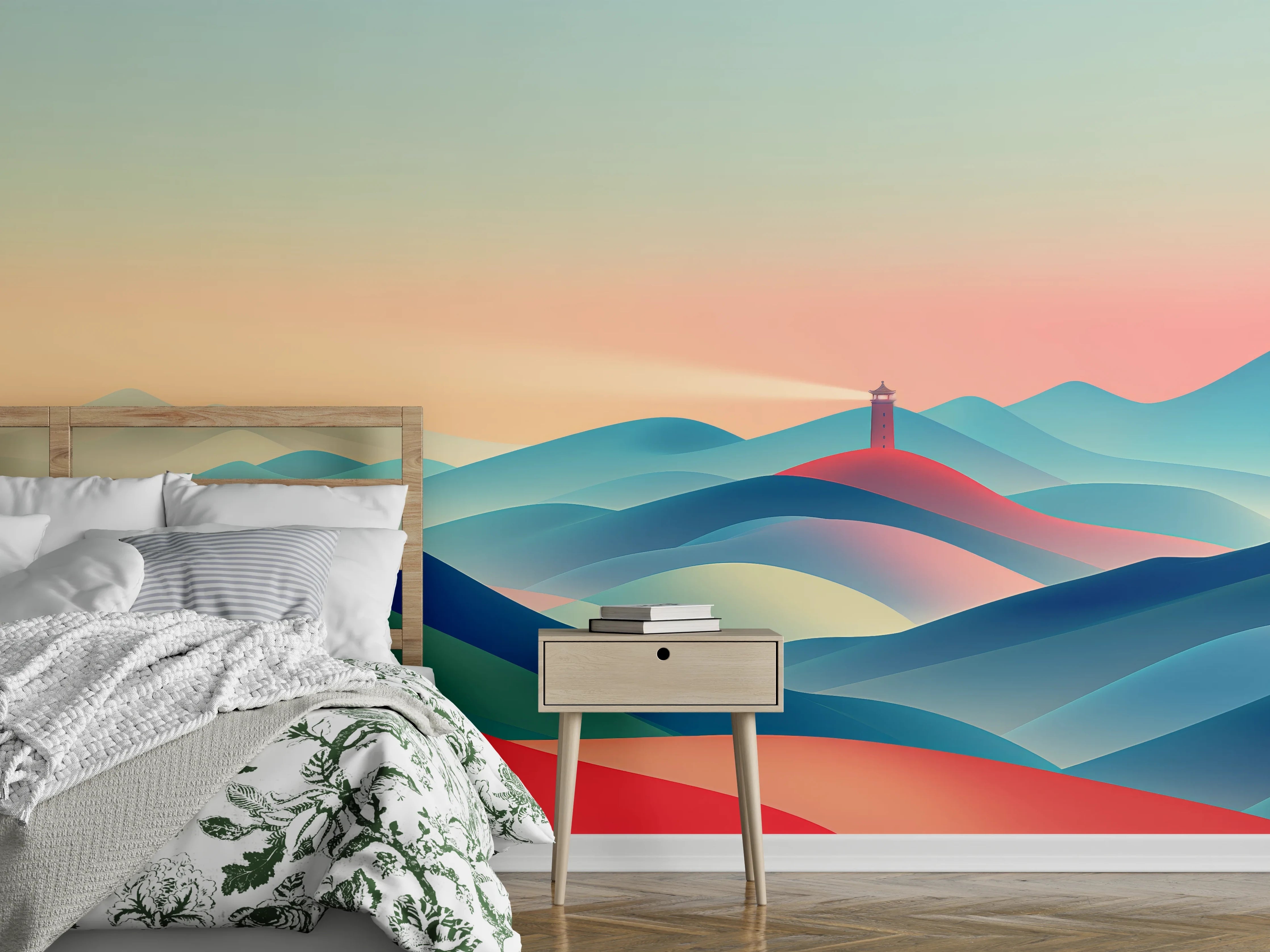 Wandverkleidung Schlafzimmer - Bunte abstrakte Landschaft mit Leuchtturm