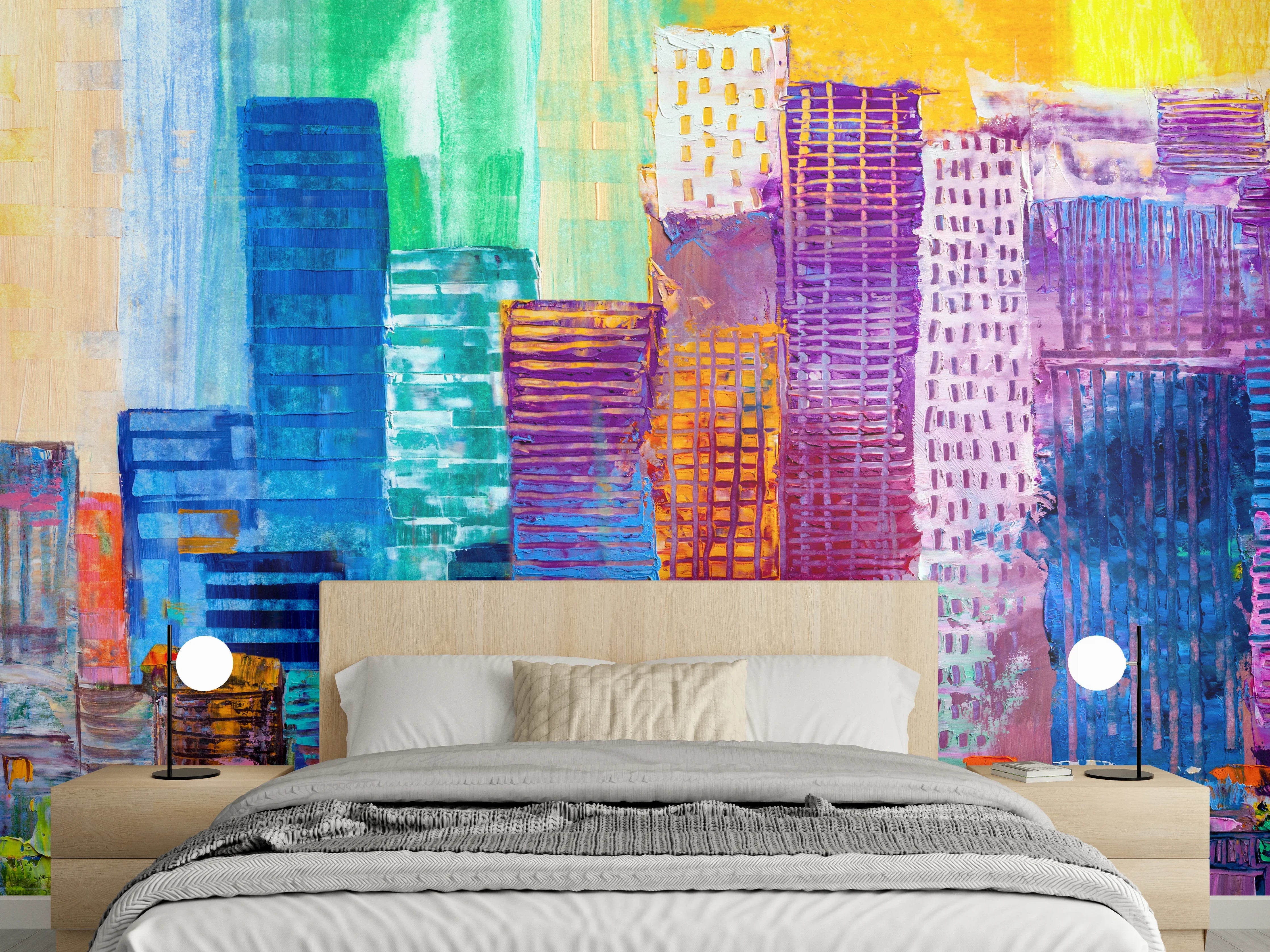 Wandverkleidung Schlafzimmer - Bunte abstrakte Skyline Malerei