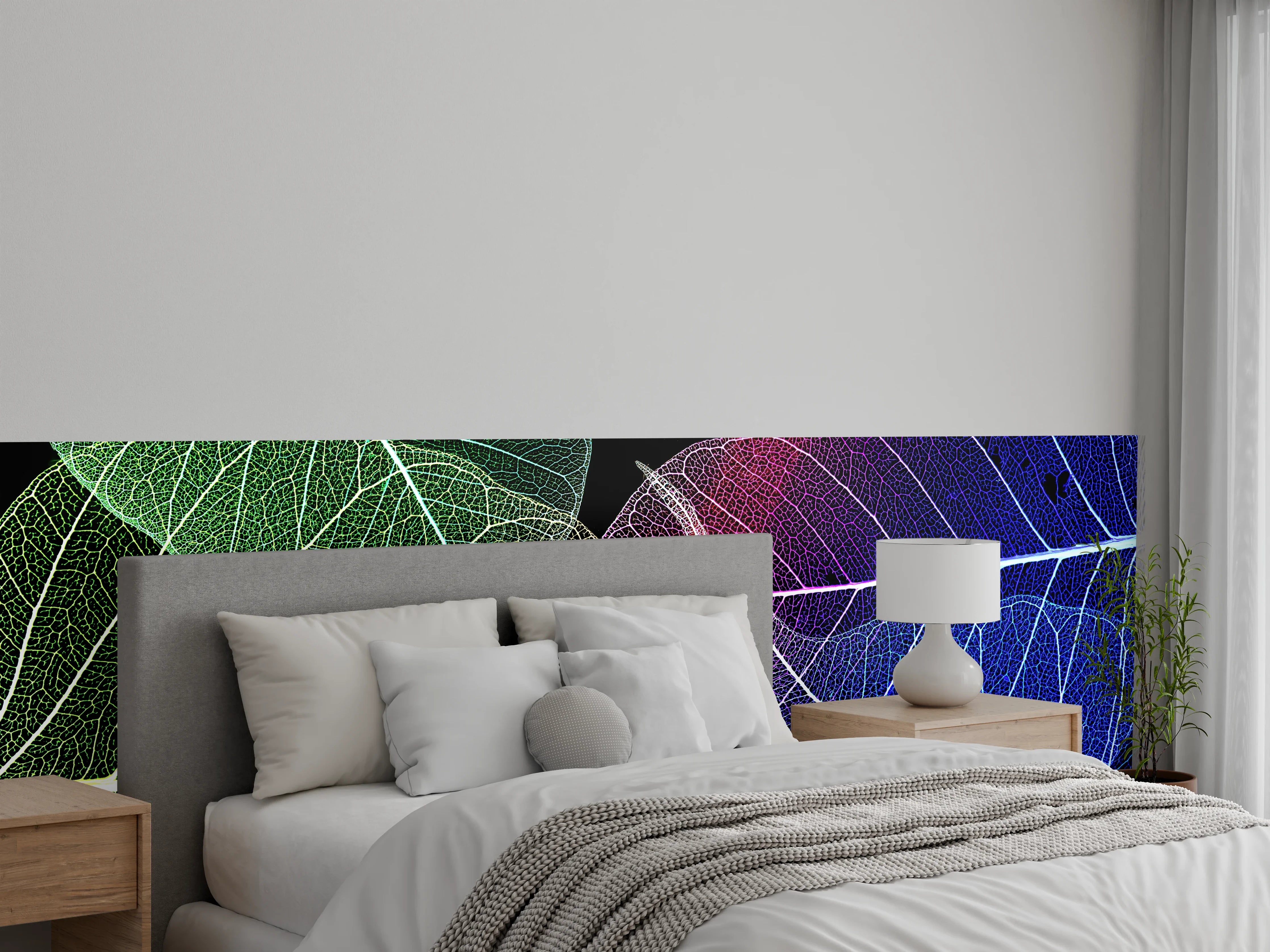 Wandverkleidung Schlafzimmer - Bunte transparente Blätter abstrakt