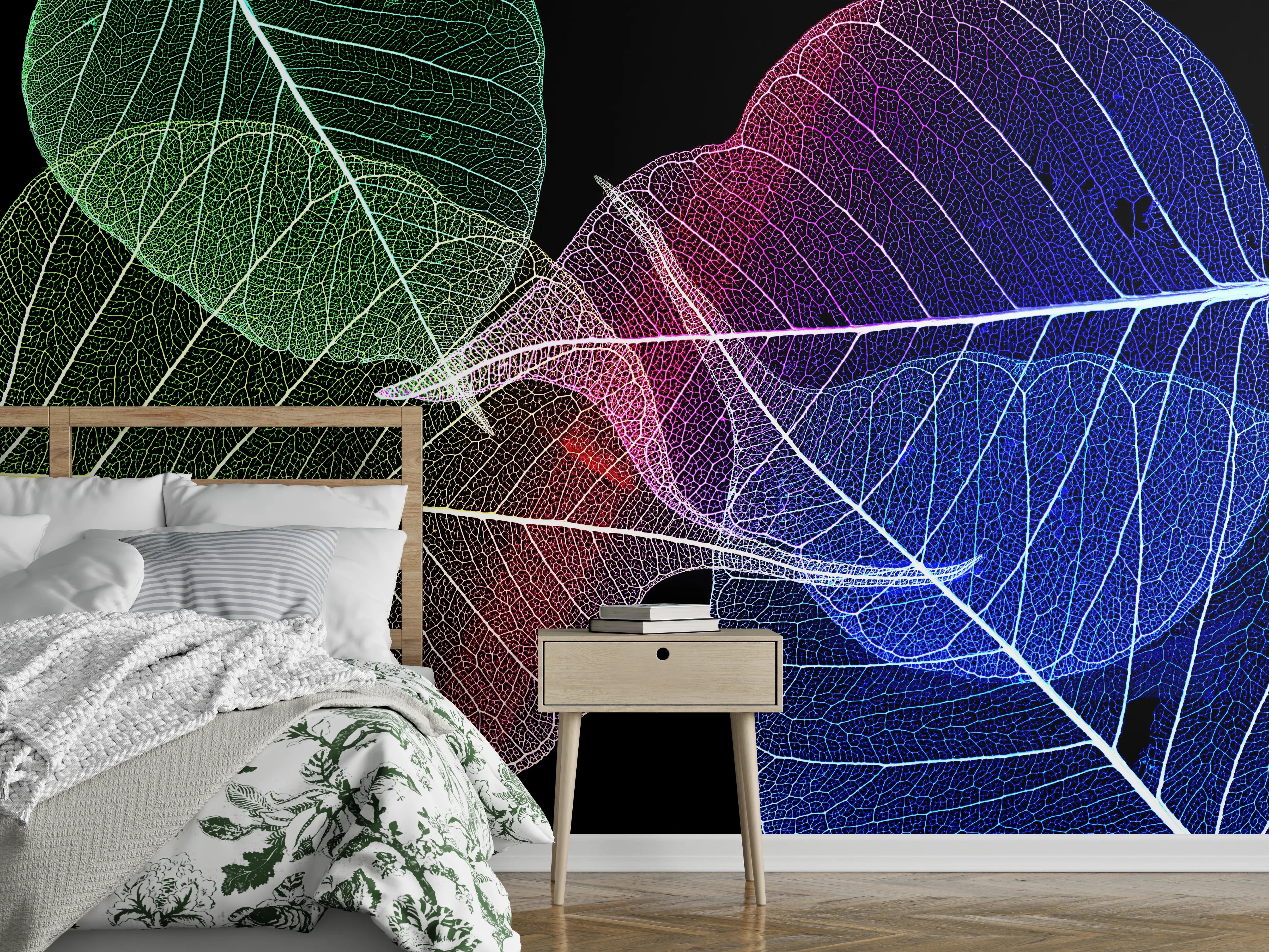 Wandverkleidung Schlafzimmer - Bunte transparente Blätter abstrakt