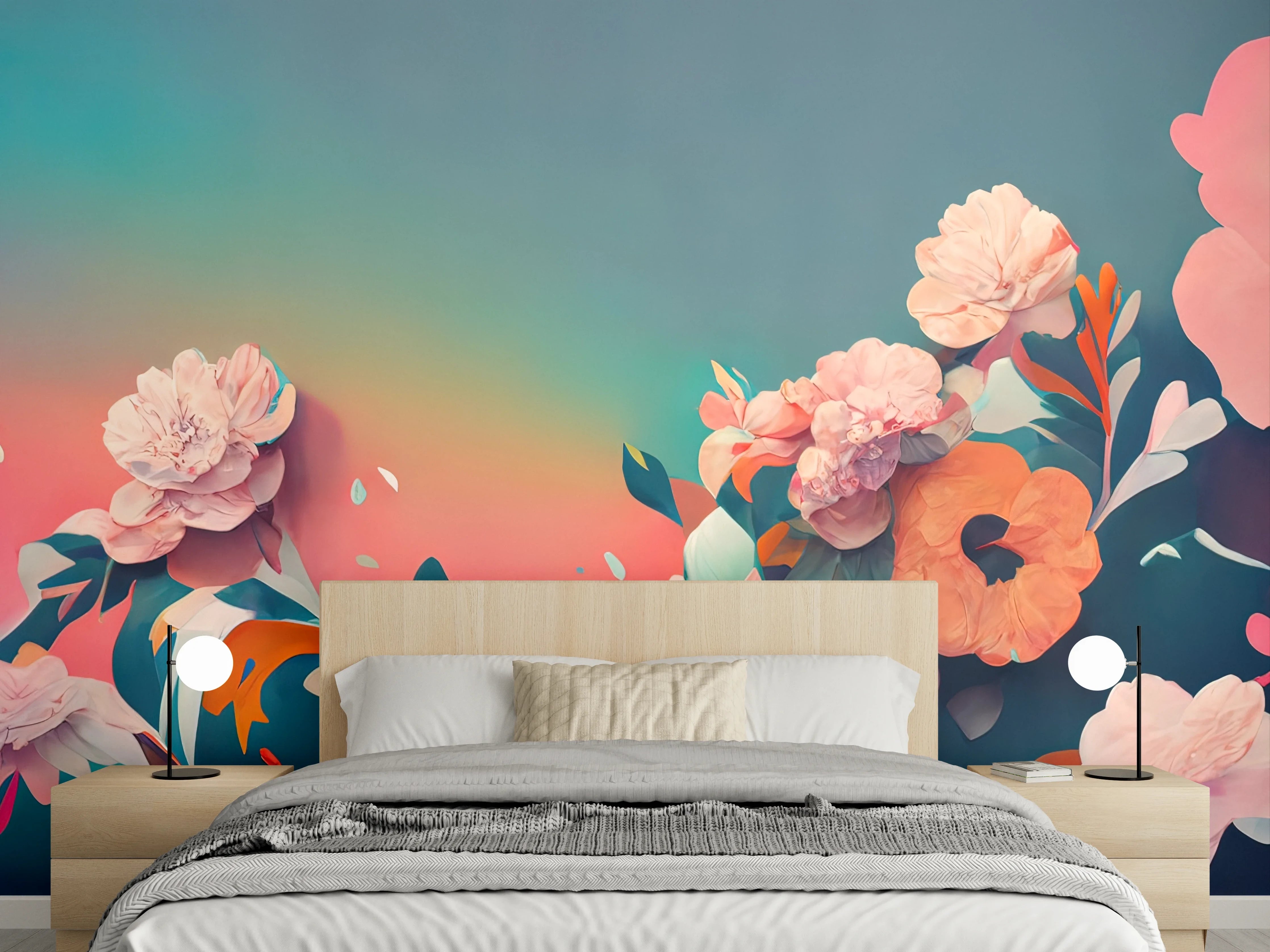 Wandverkleidung Schlafzimmer - Bunte, künstlerische Blumen auf Farbverlauf
