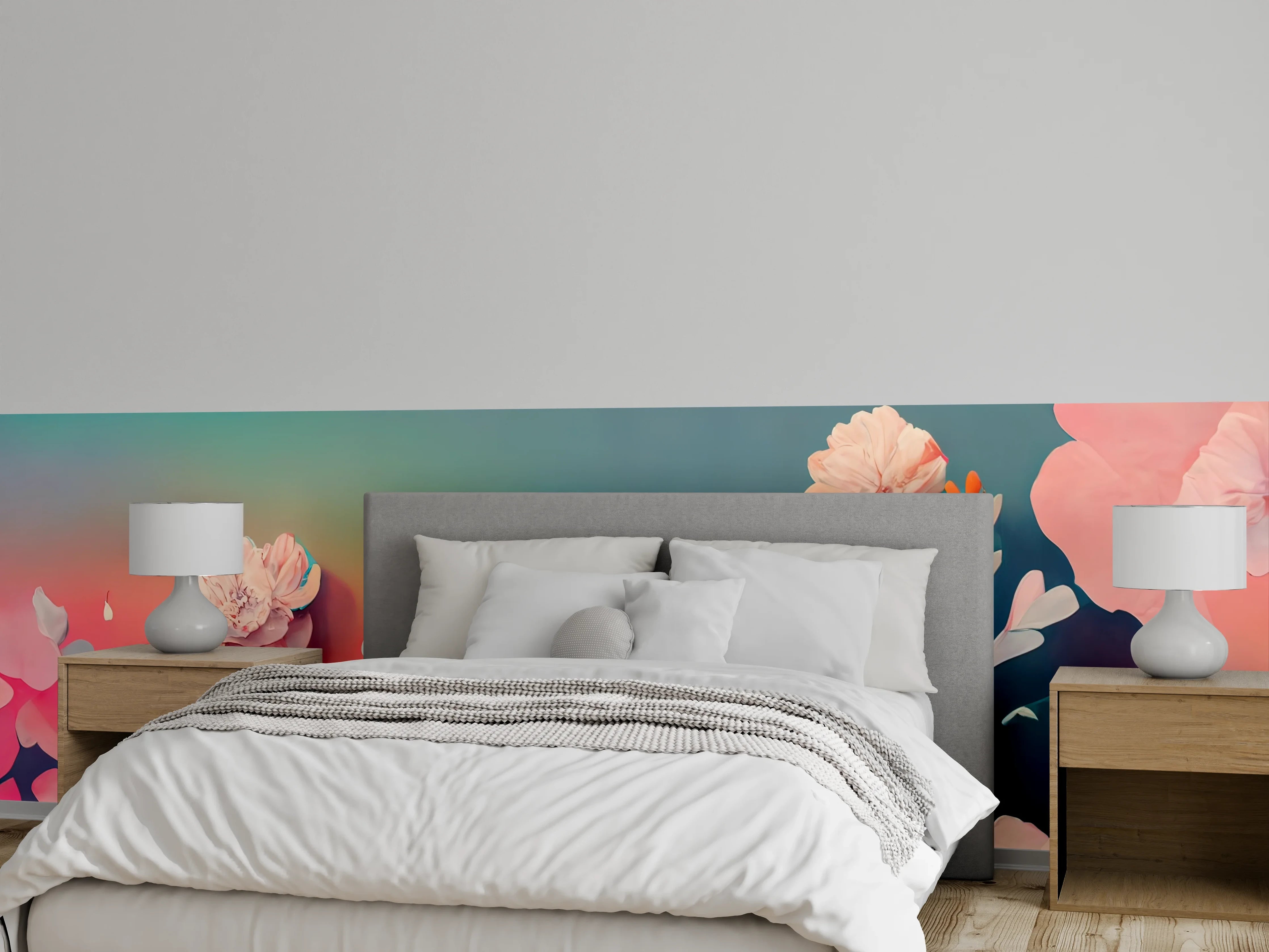 Wandverkleidung Schlafzimmer - Bunte, künstlerische Blumen auf Farbverlauf