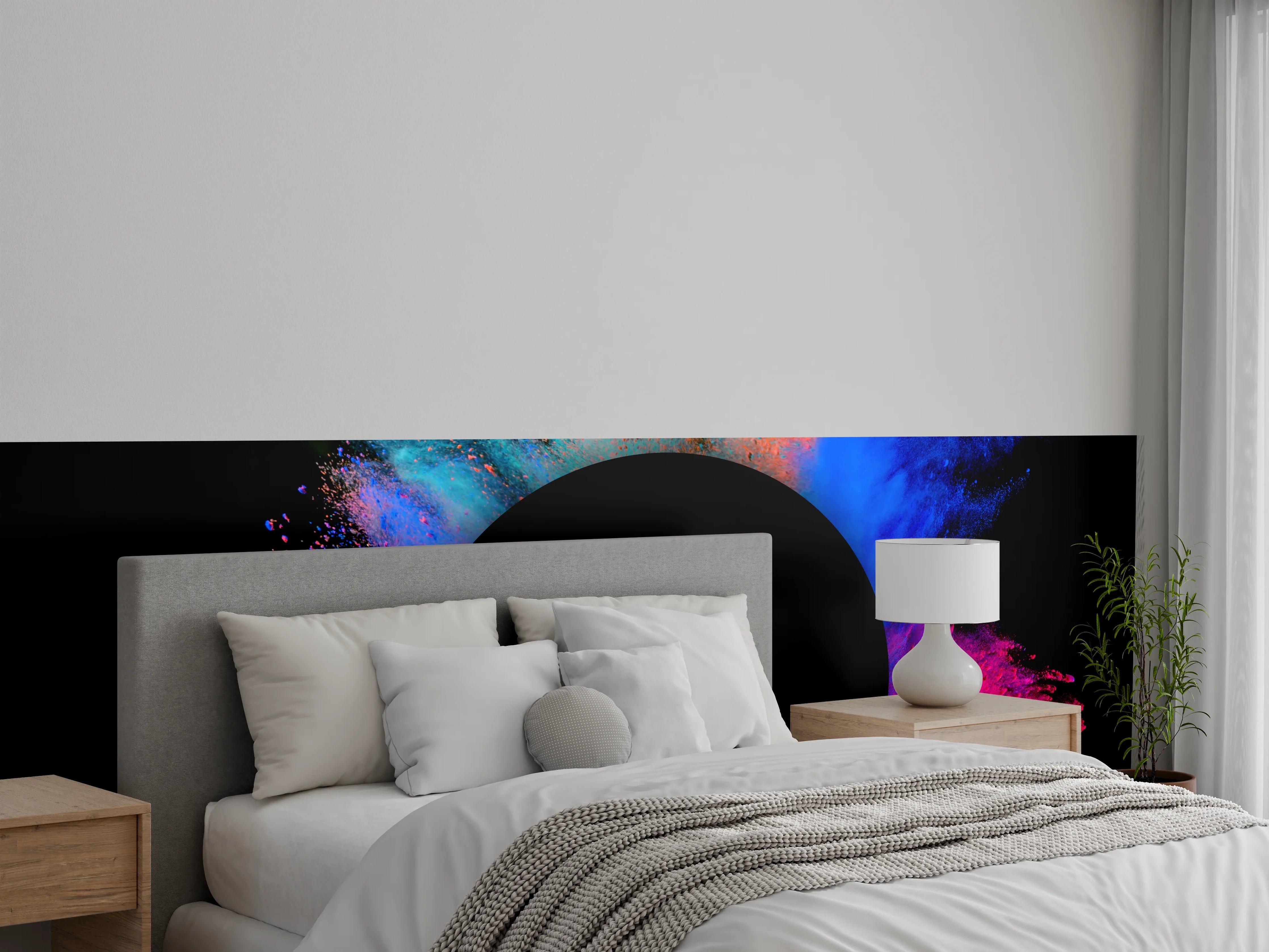 Wandverkleidung Schlafzimmer - Bunter Farbpulver-Kreis auf Schwarz