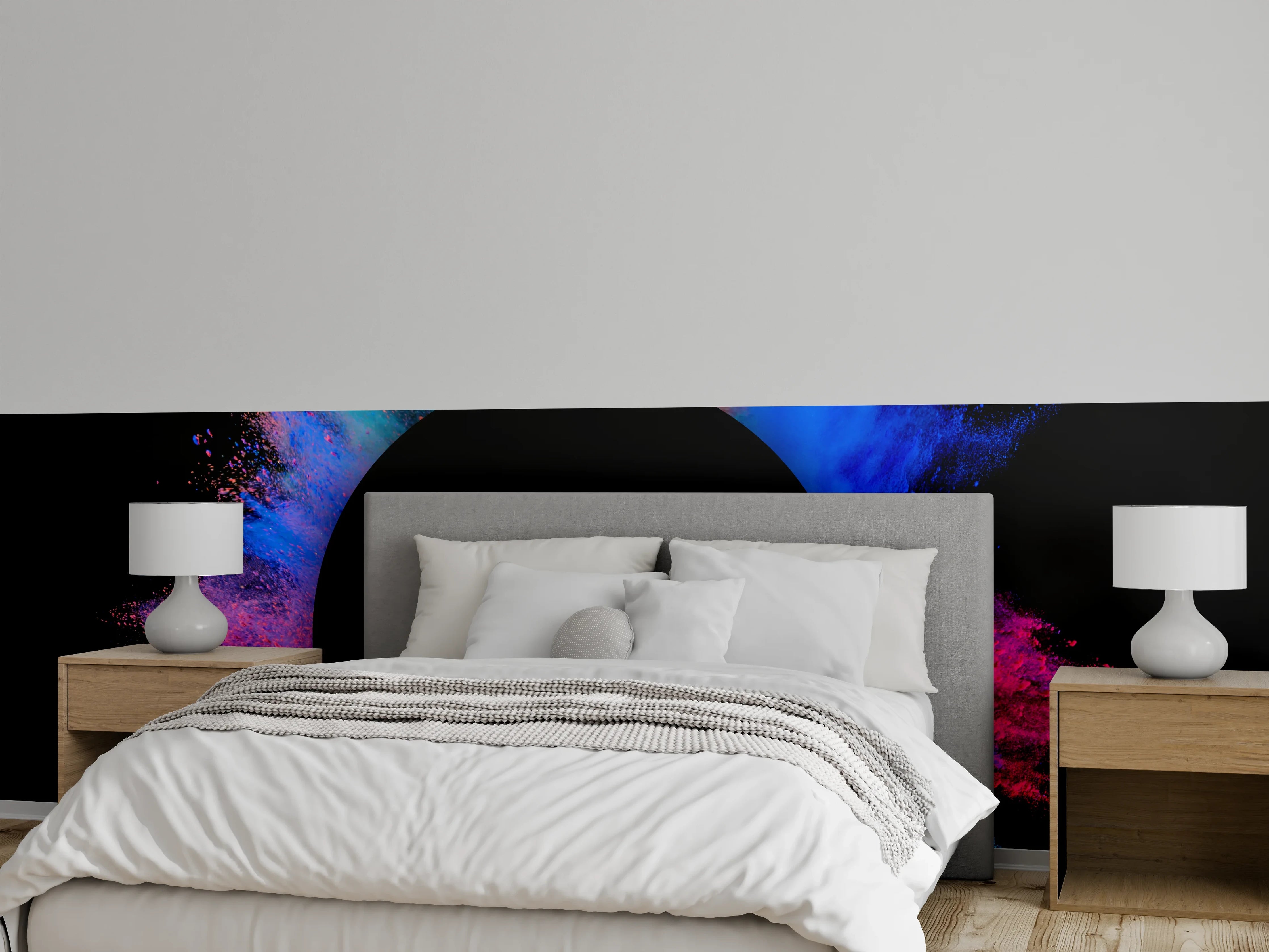 Wandverkleidung Schlafzimmer - Bunter Farbpulver-Kreis auf Schwarz
