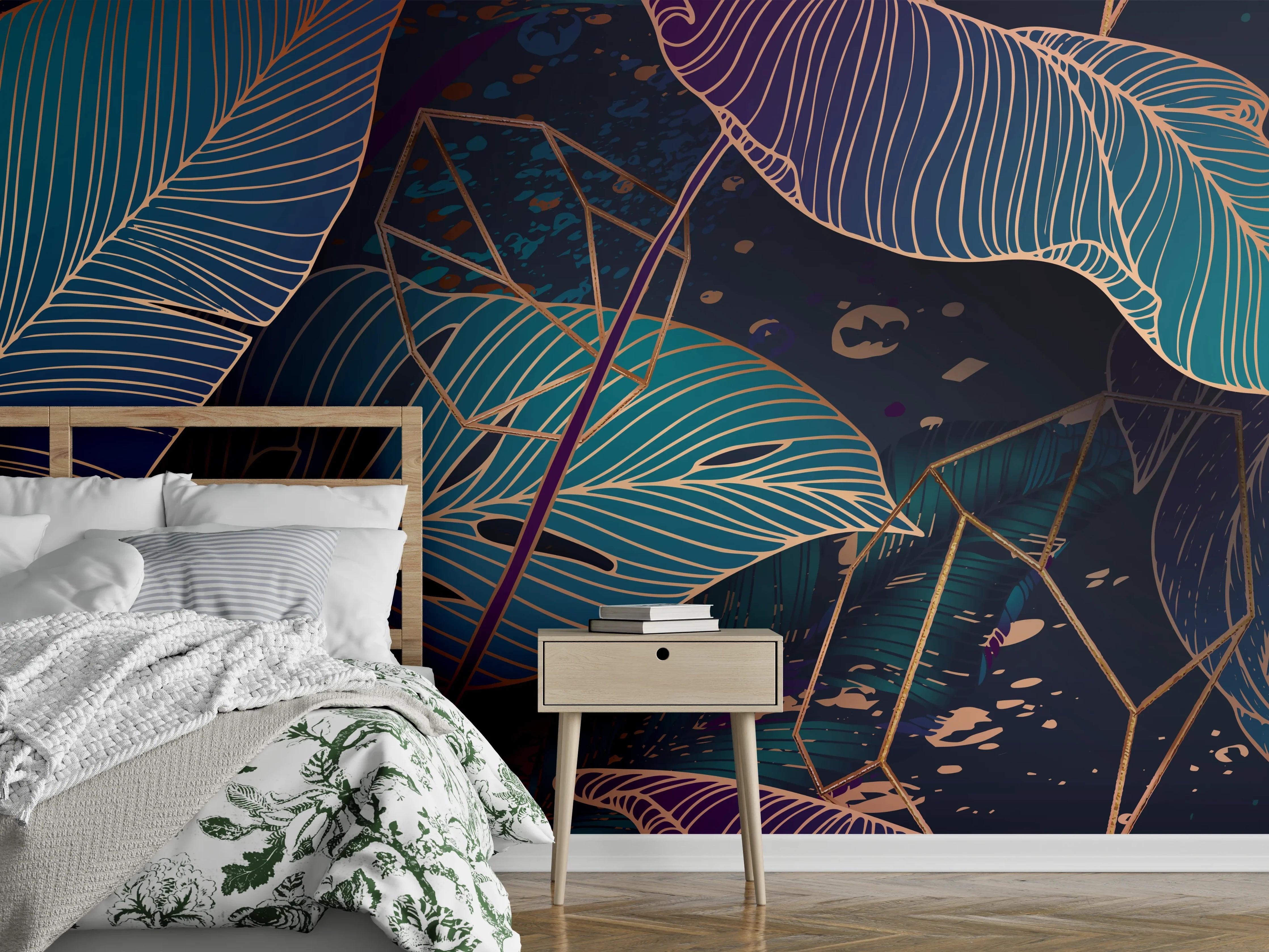 Wandverkleidung Schlafzimmer - Buntes Laubmuster Nacht