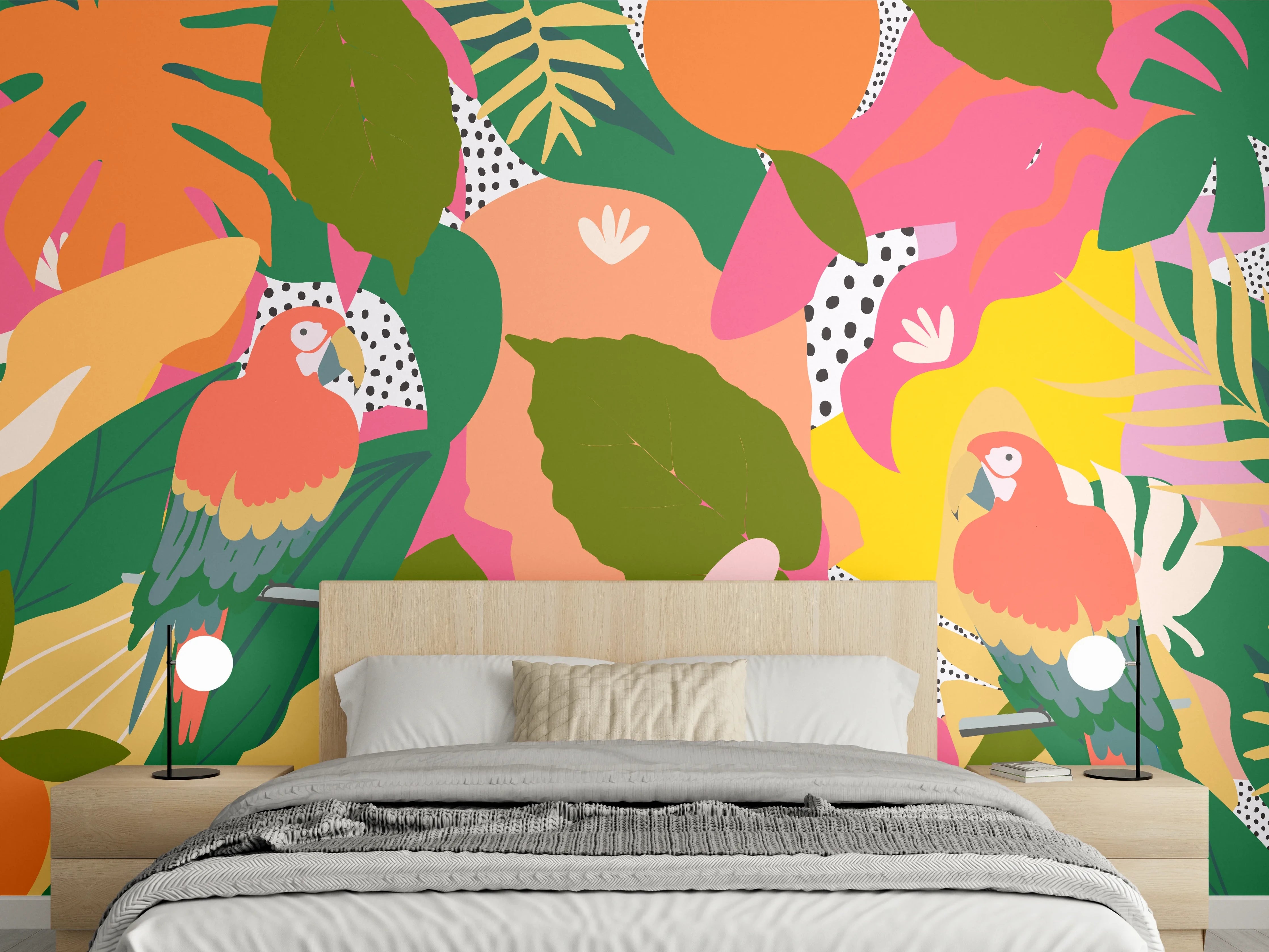 Wandverkleidung Schlafzimmer - Buntes Papagei-Dschungelmuster