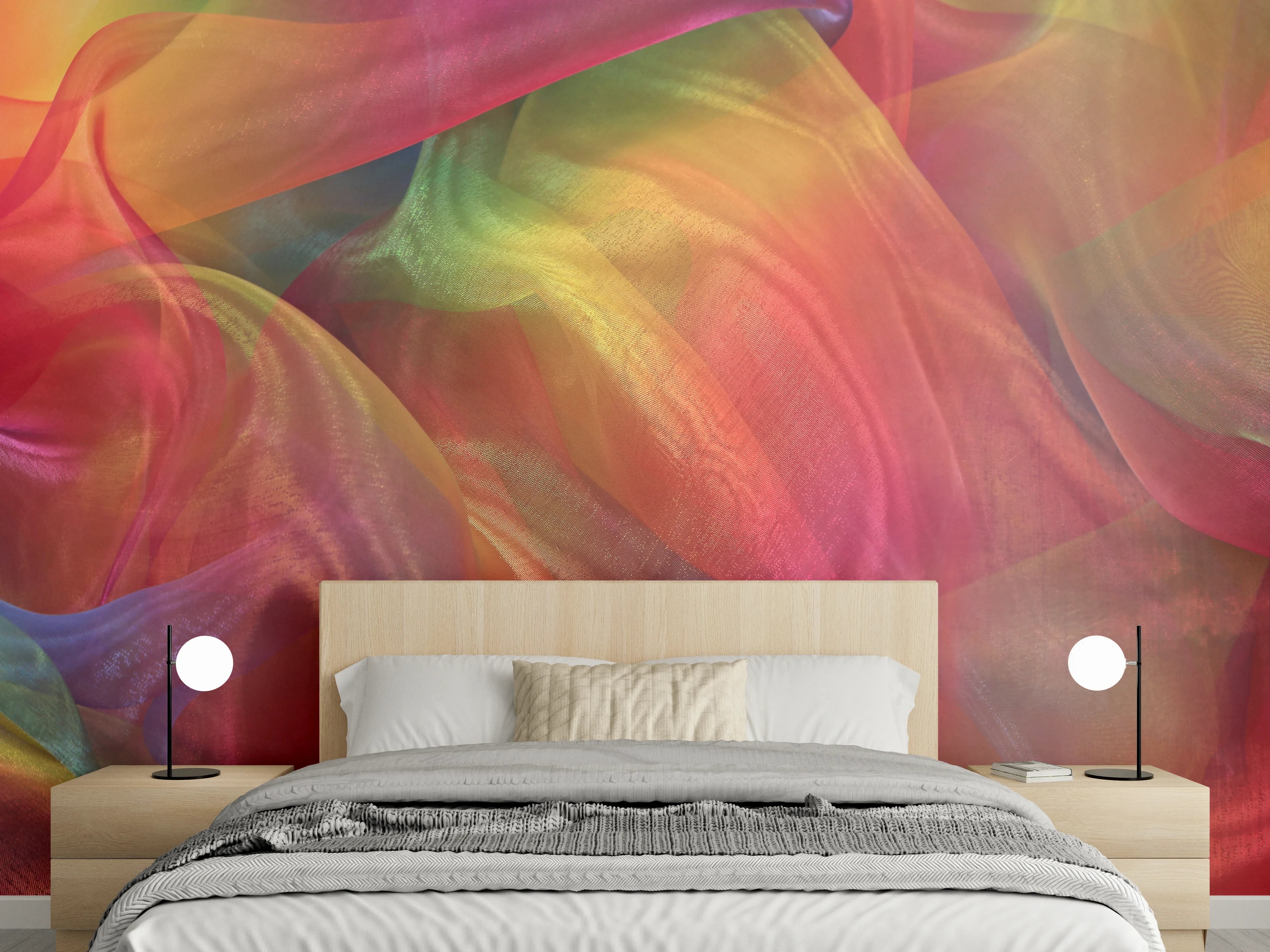 Wandverkleidung Schlafzimmer - Buntes, farbenfrohes Stoffmuster mit fließender Textur