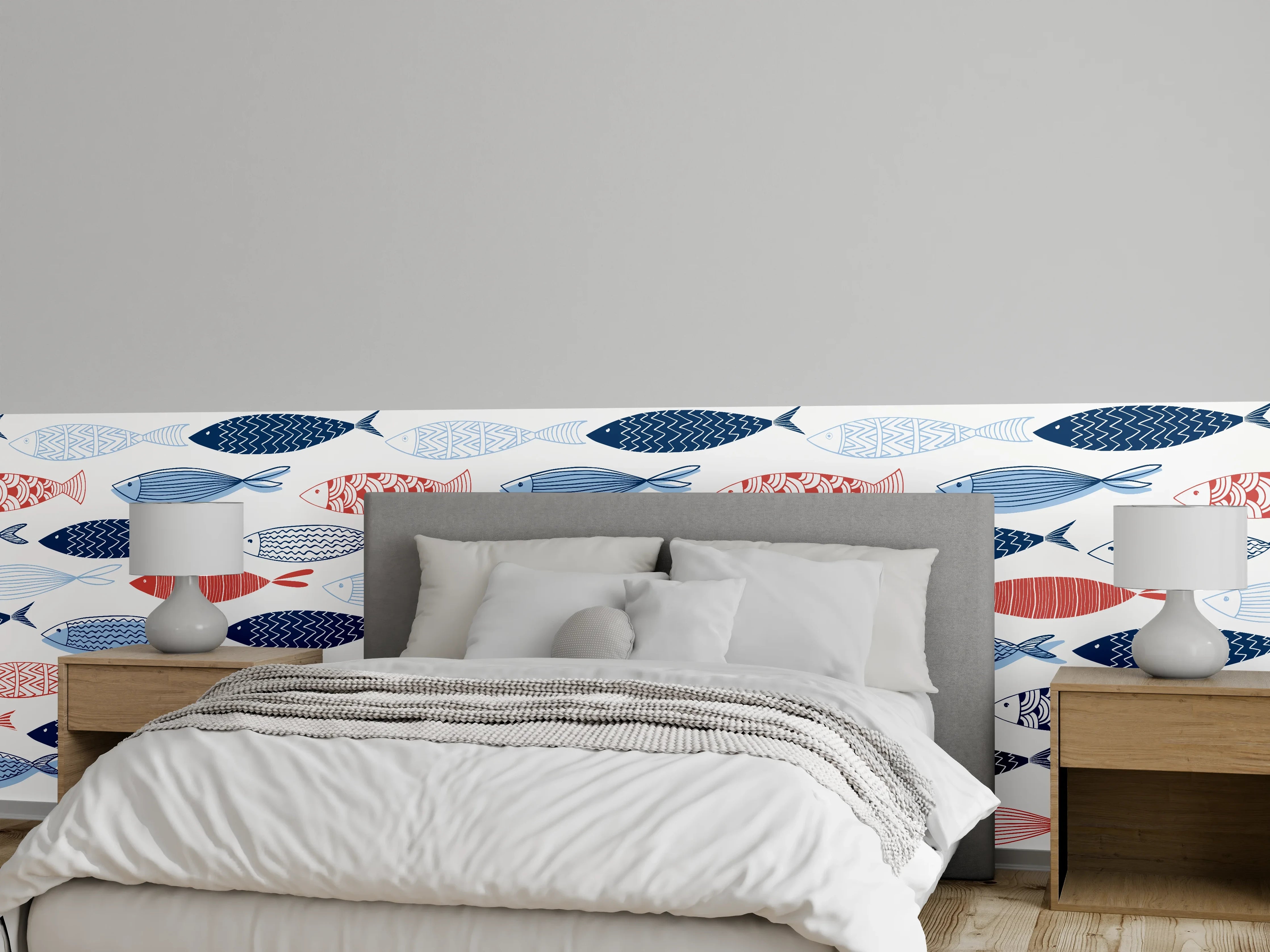 Wandverkleidung Schlafzimmer - Cartoon-Fische Blau-Rot