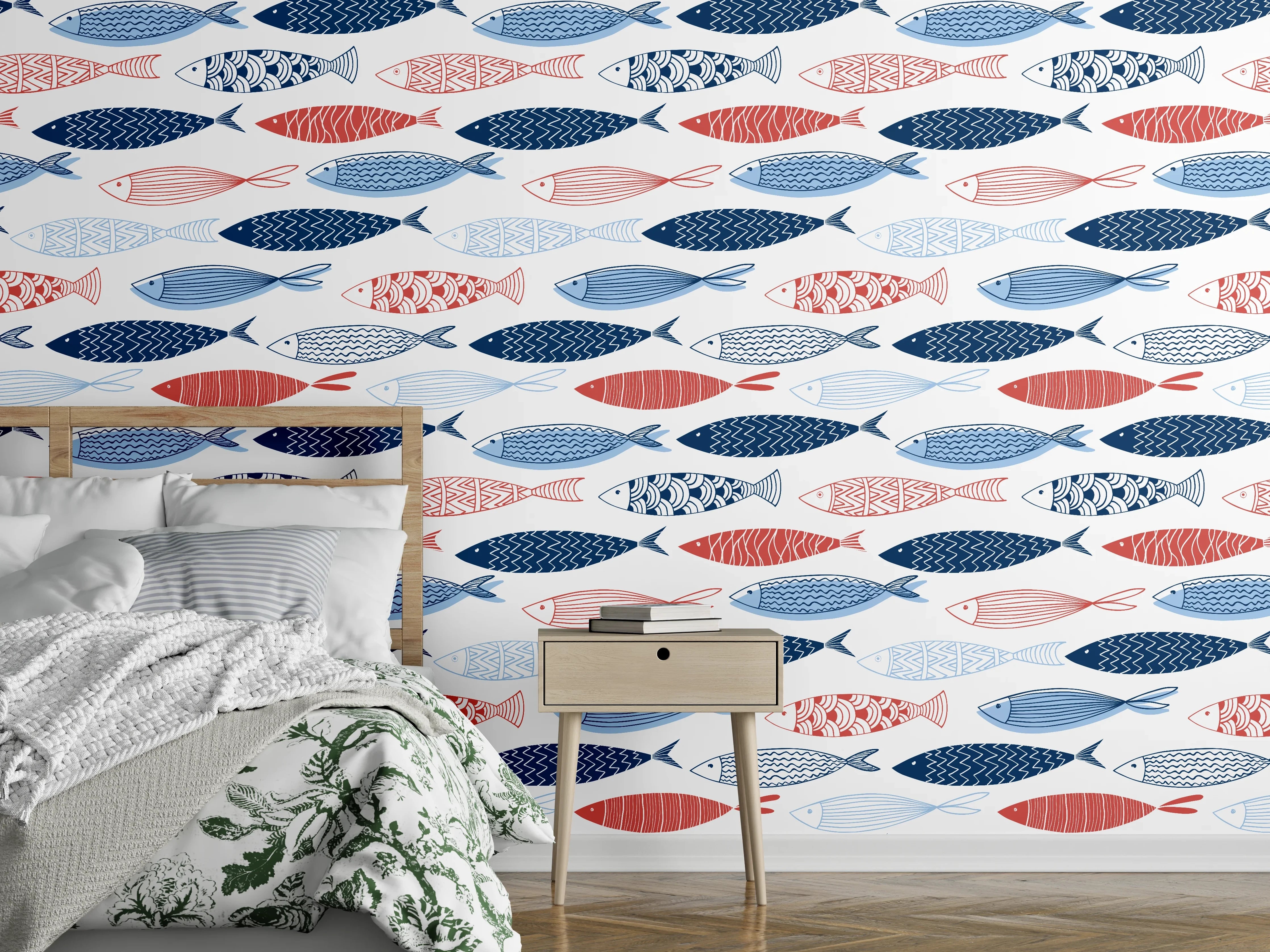 Wandverkleidung Schlafzimmer - Cartoon-Fische Blau-Rot