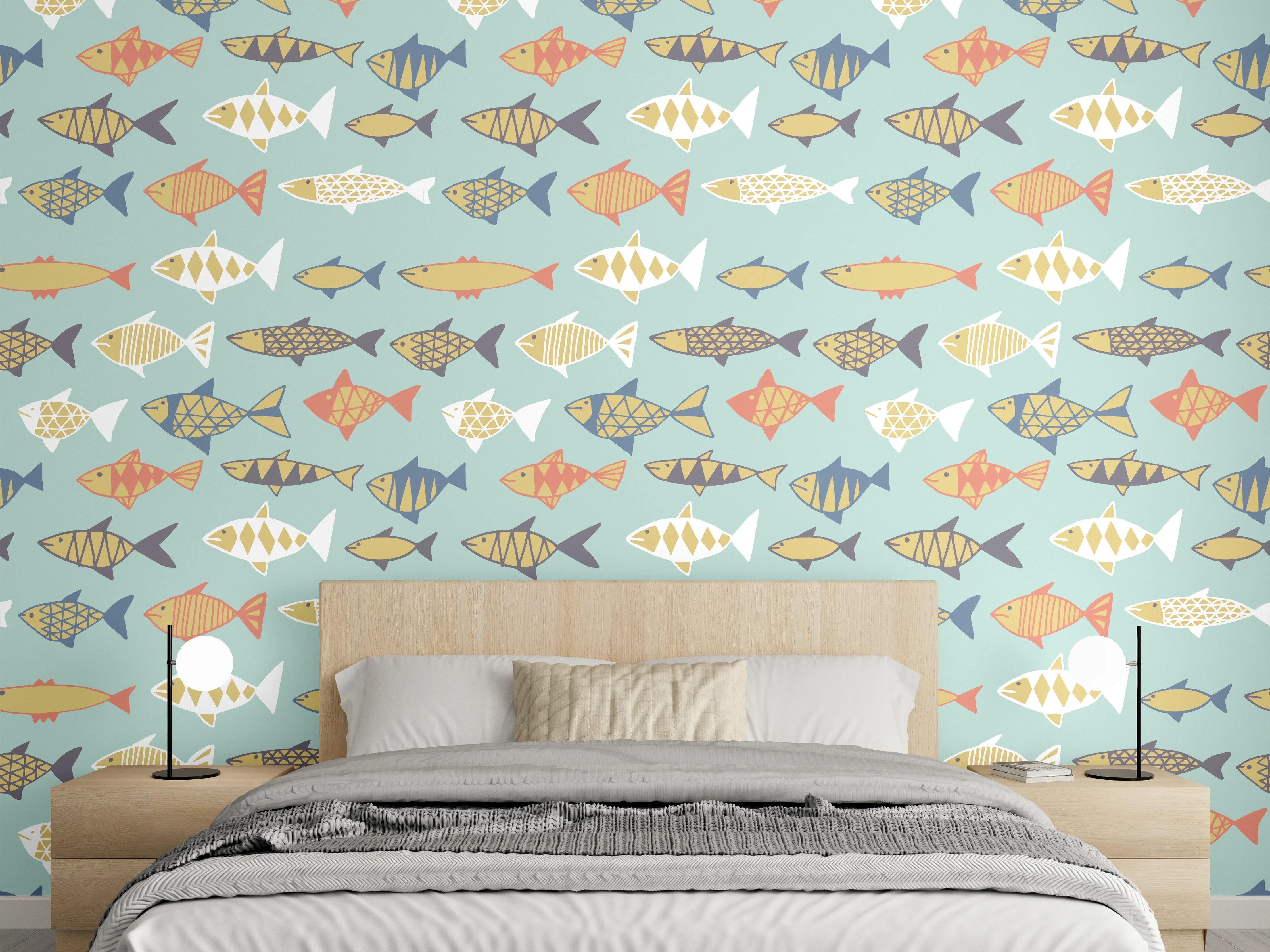 Wandverkleidung Schlafzimmer - Cartoon-Fische Türkis-Orange Muster