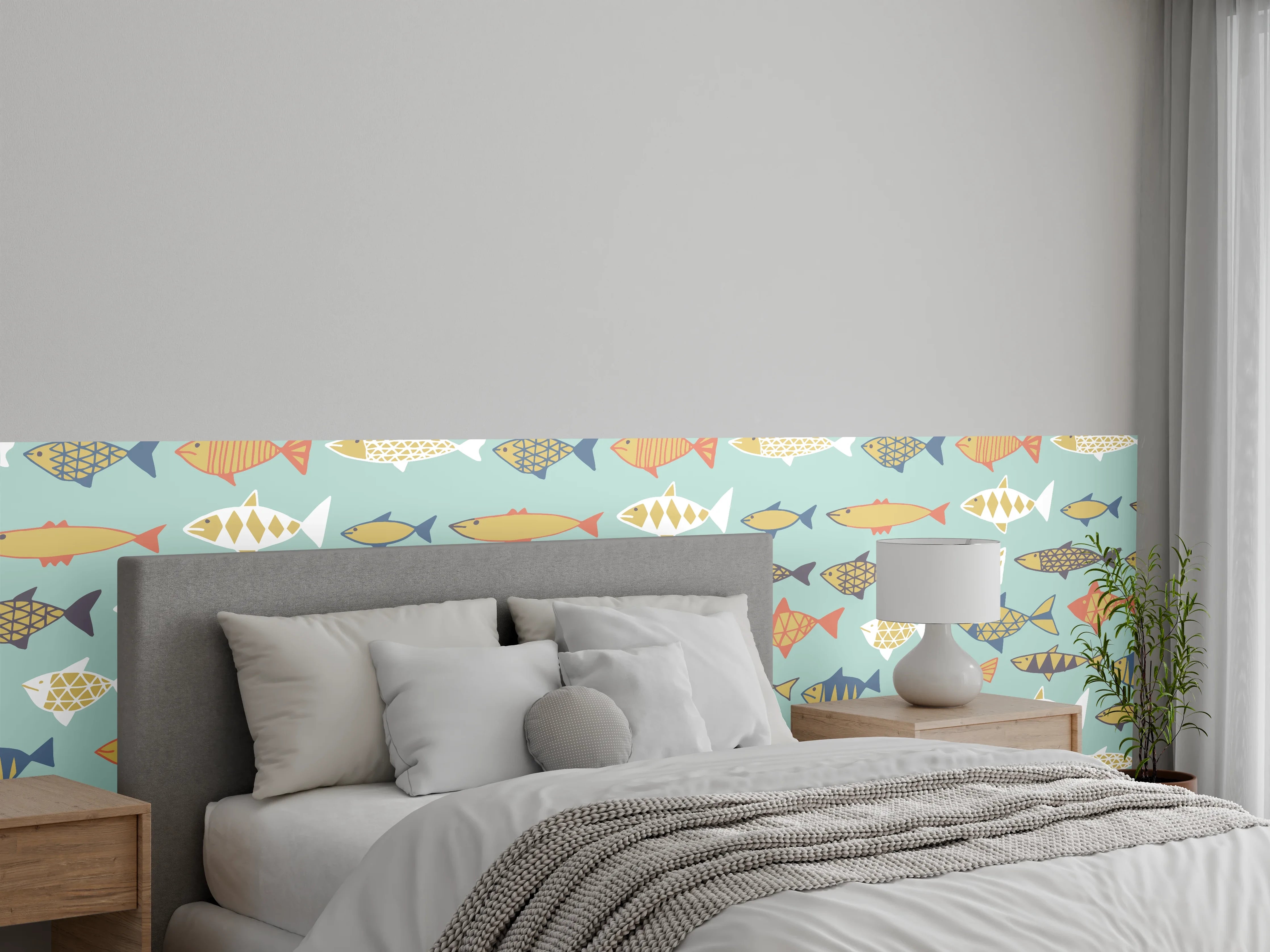 Wandverkleidung Schlafzimmer - Cartoon-Fische Türkis-Orange Muster