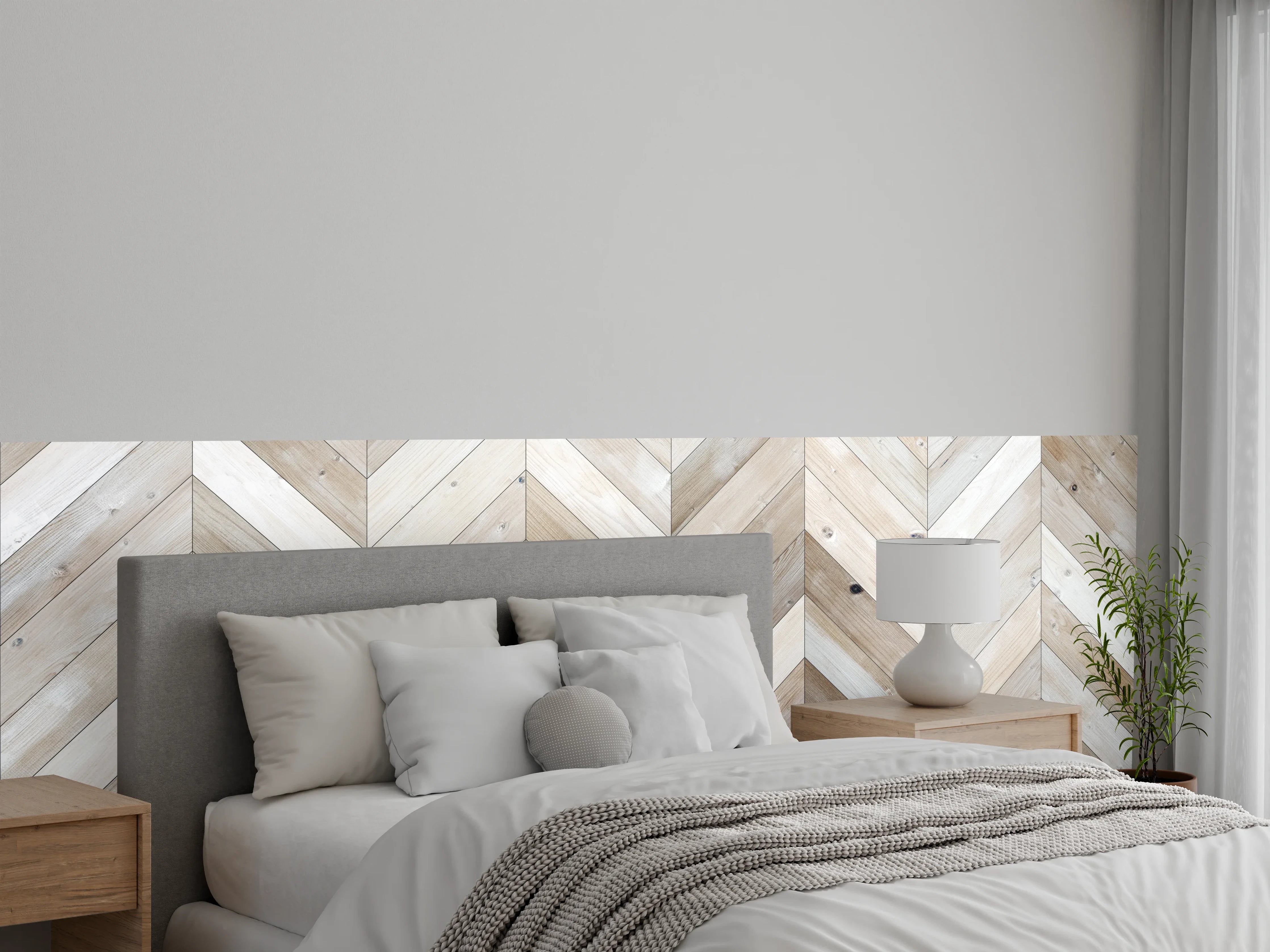 Wandverkleidung Schlafzimmer - Chevron Holz Muster in Weiß-Grau