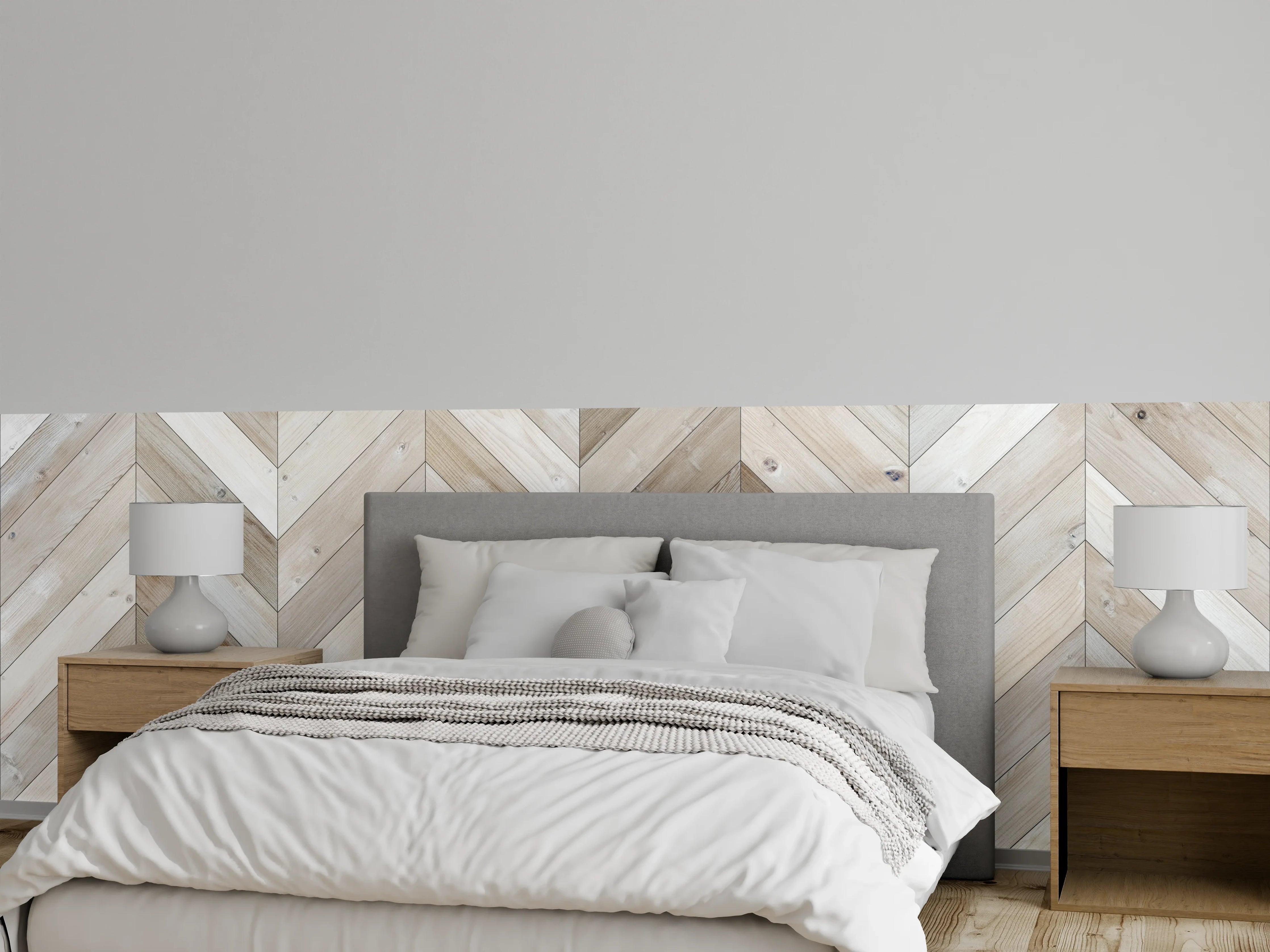 Wandverkleidung Schlafzimmer - Chevron Holz Muster in Weiß-Grau
