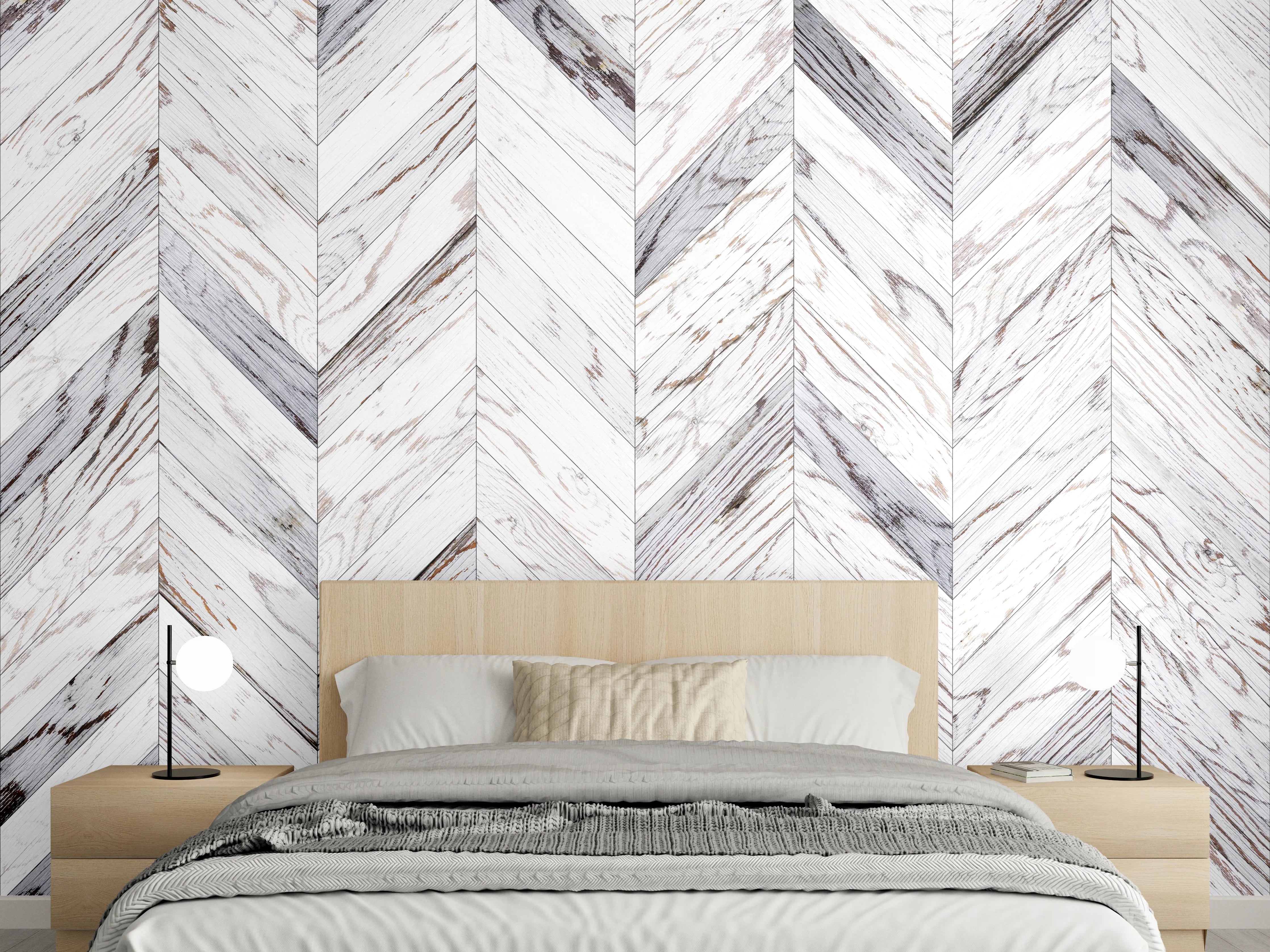 Wandverkleidung Schlafzimmer - Chevron weiß Holzoptik modern