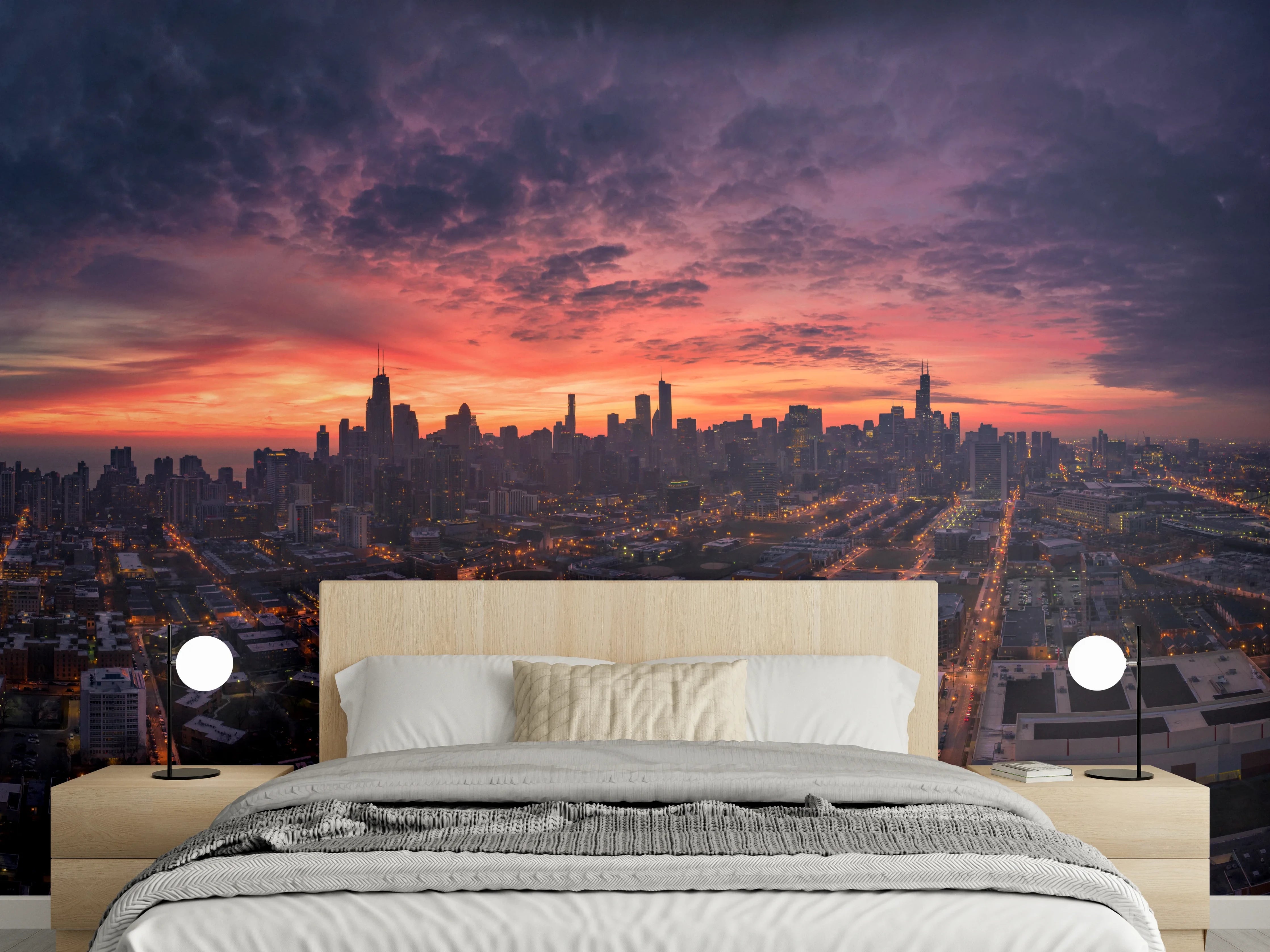 Wandverkleidung Schlafzimmer - Chicago Luftbildpanorama von Westen