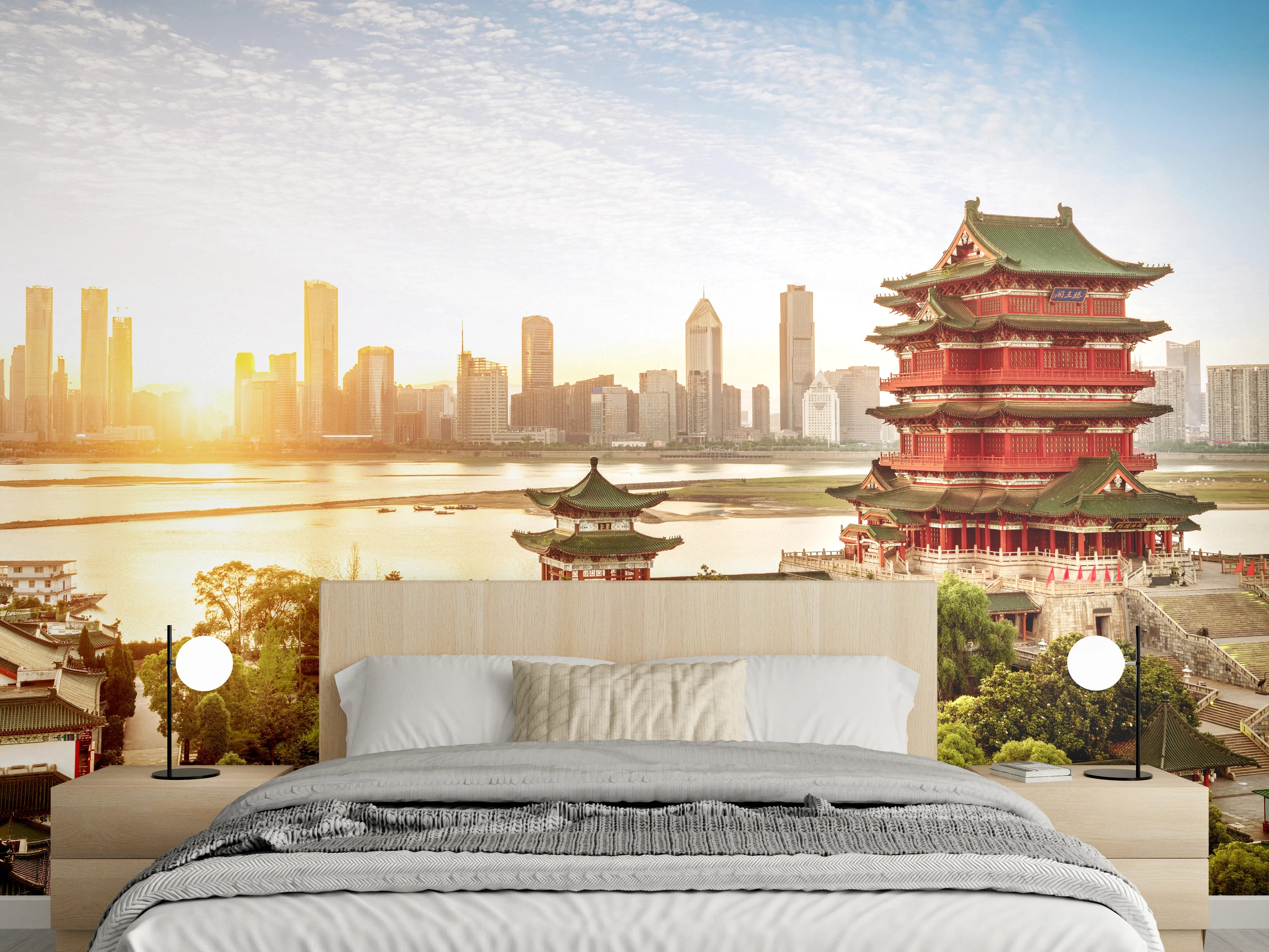 Wandverkleidung Schlafzimmer - Chinesische Skyline und Pagode Panorama