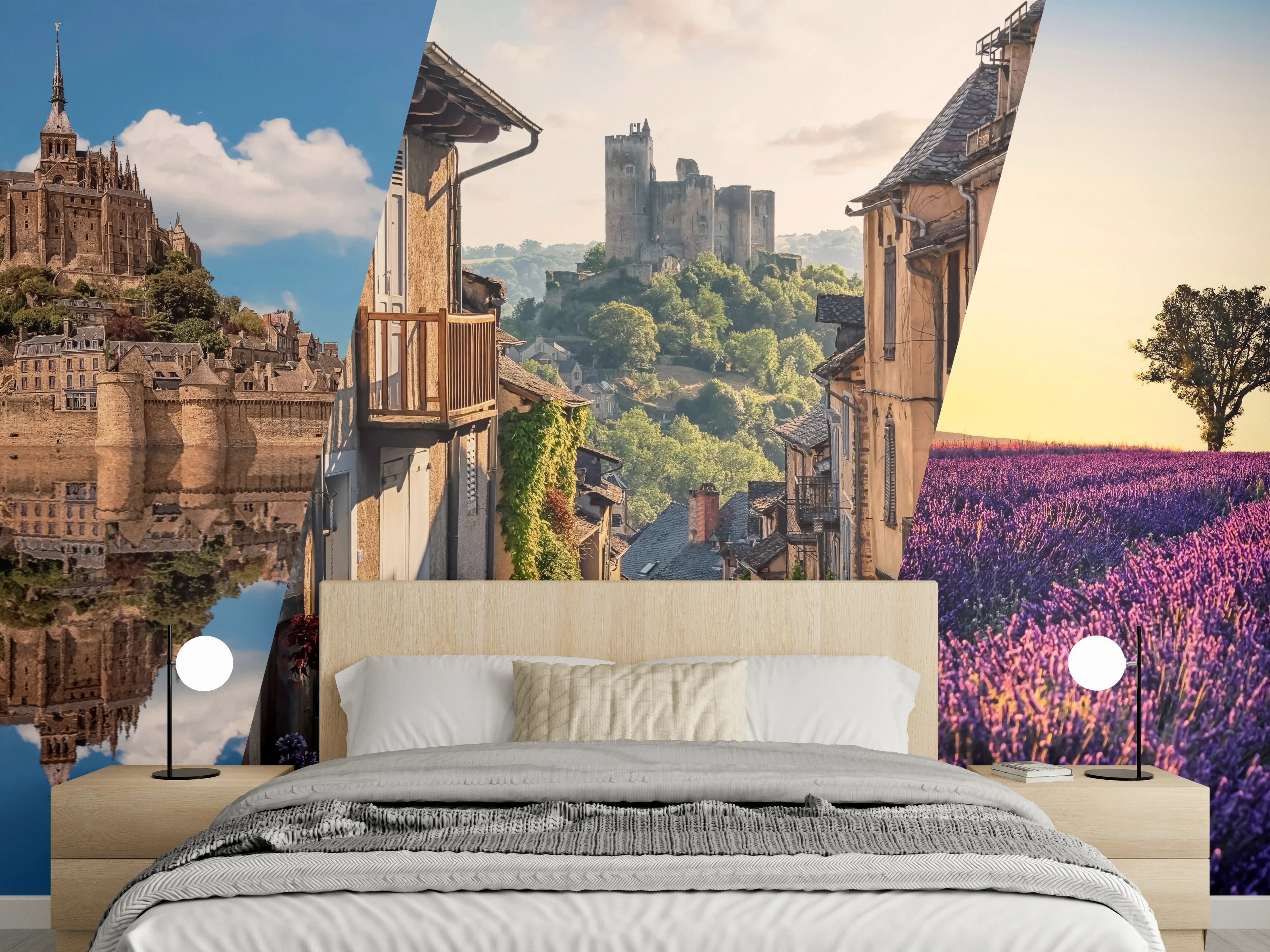 Wandverkleidung Schlafzimmer - Collage von Sehenswürdigkeiten