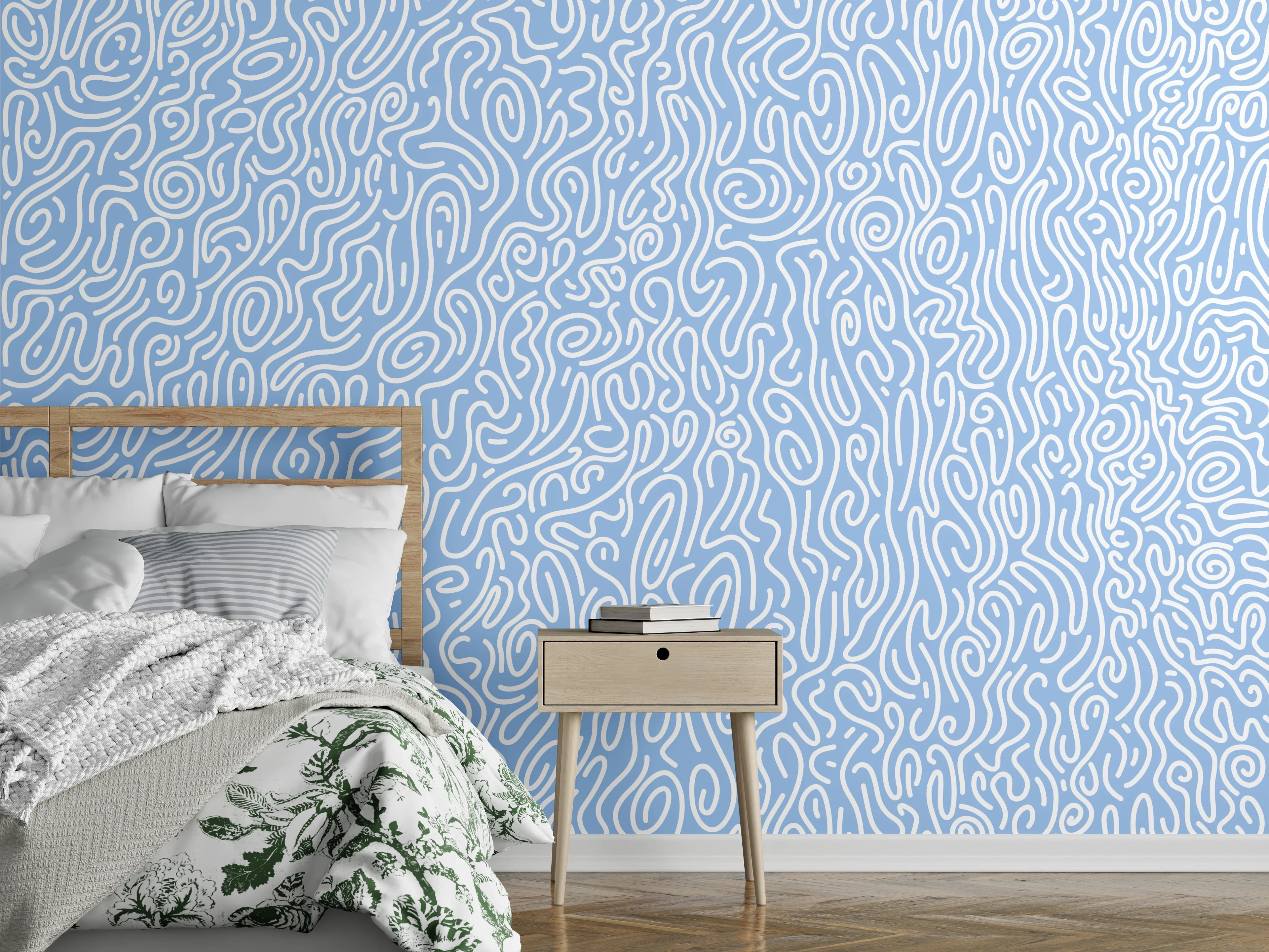 Wandverkleidung Schlafzimmer - Dezentes hellblaues Linienmuster modern