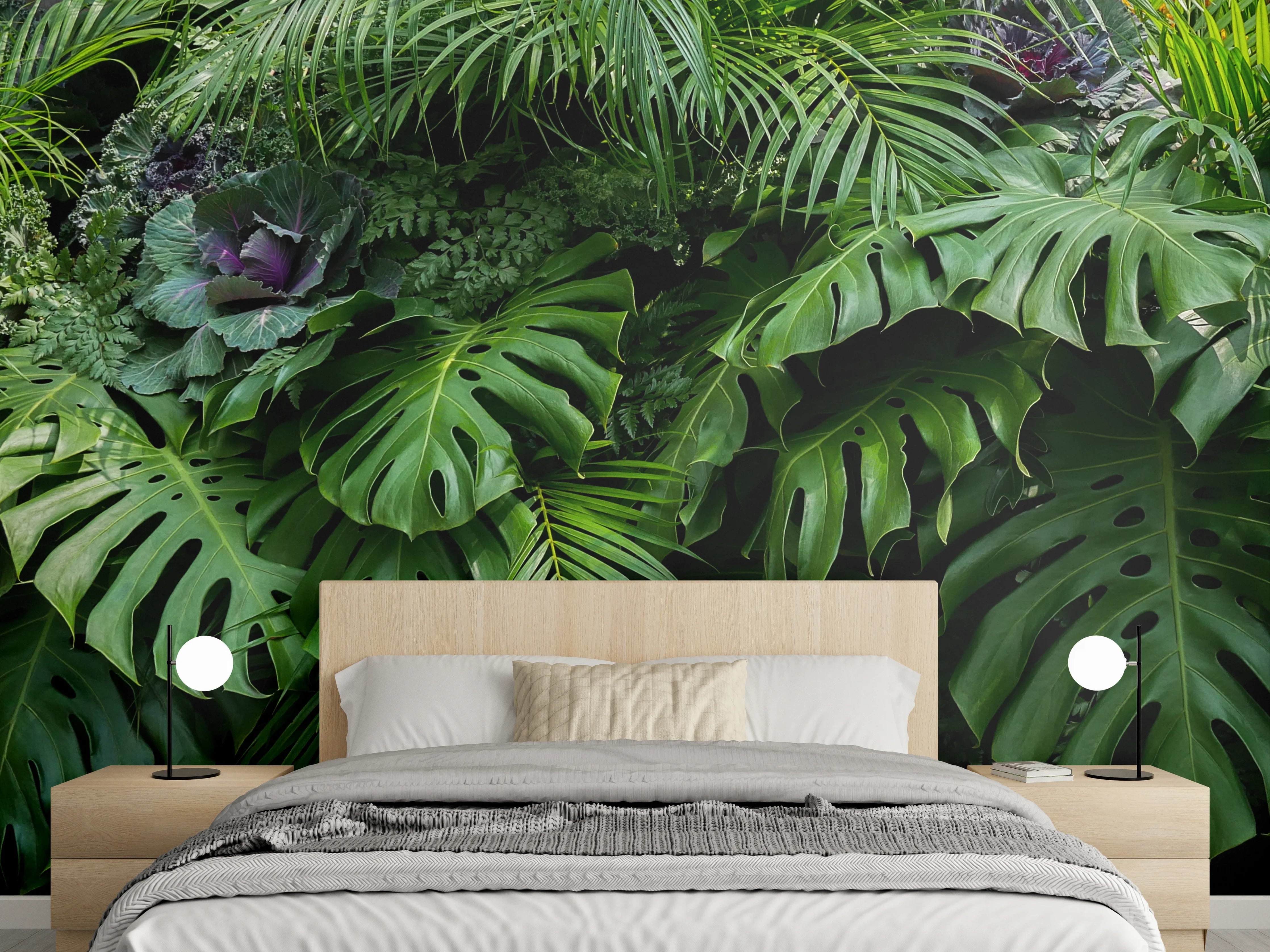 Wandverkleidung Schlafzimmer - Dichte grüne Blätter, tropisches Flair