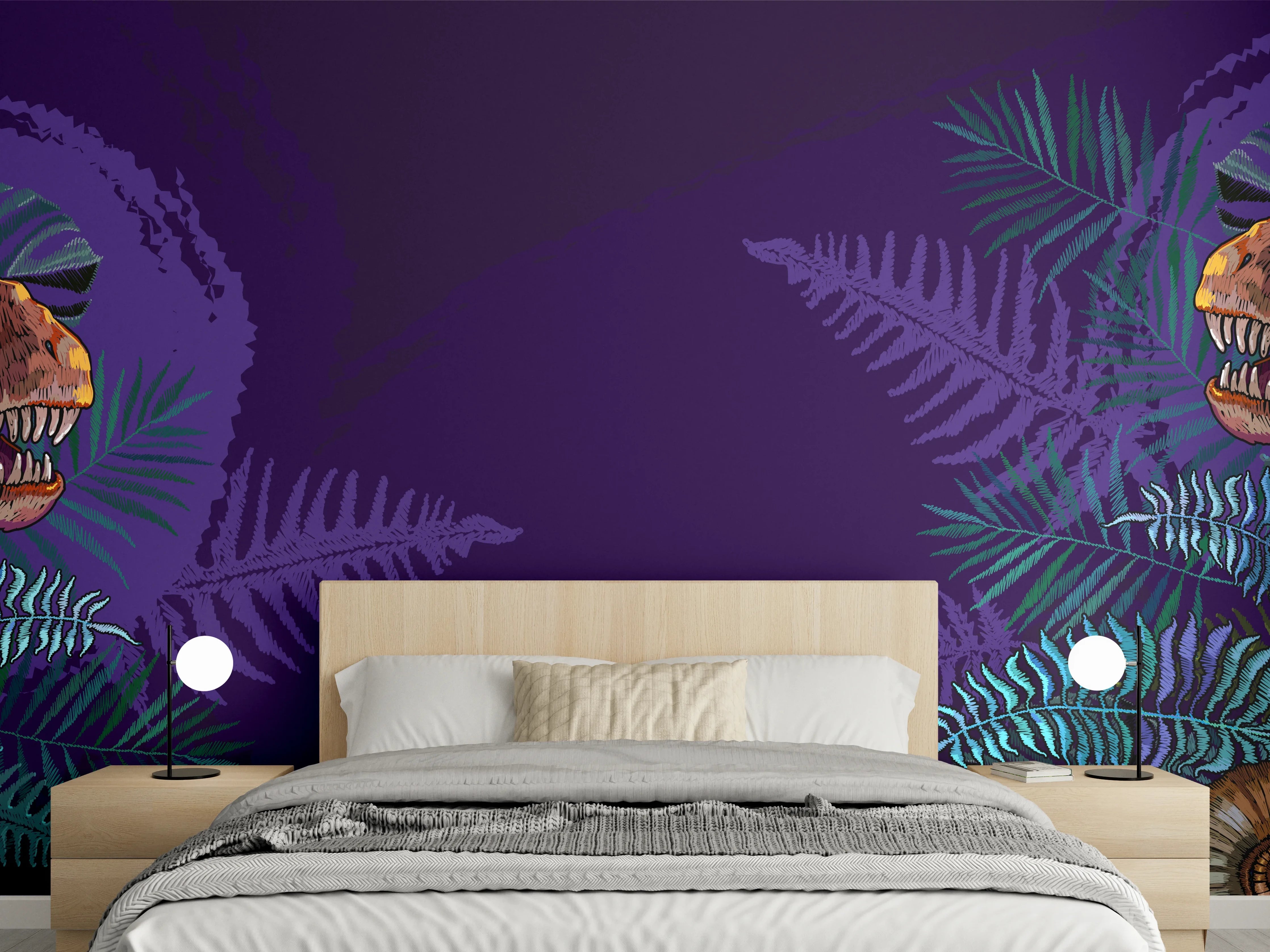 Wandverkleidung Schlafzimmer - Dinosaurier & Fossilien Dunkellila Muster